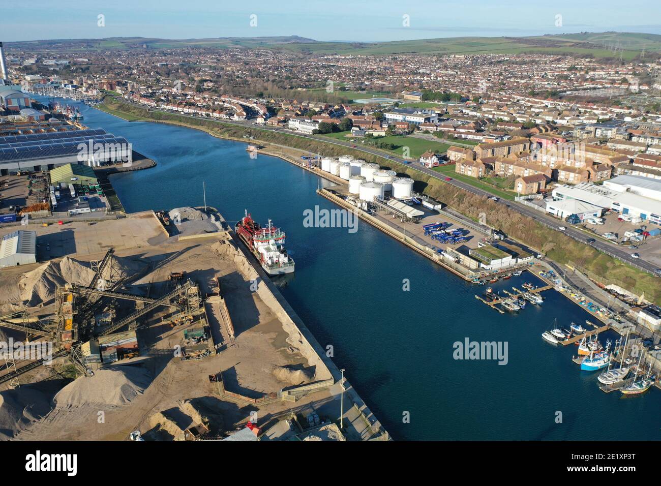 Aerial view of Shoreham Docks, Industrial area in Brighton and Hove