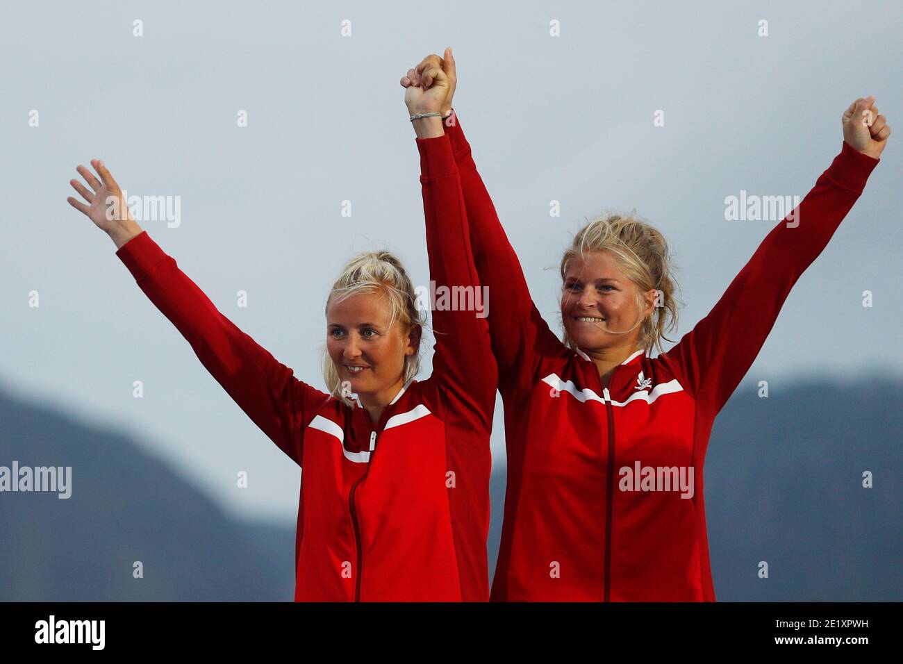 Sailing at Rio 2016 Olympic Games. Denmark sailors Jena Hansen and Katja Salskov-Iversen bronze medal 49er FX. Rio de Janeiro Brazil 08.18.2016. Stock Photo