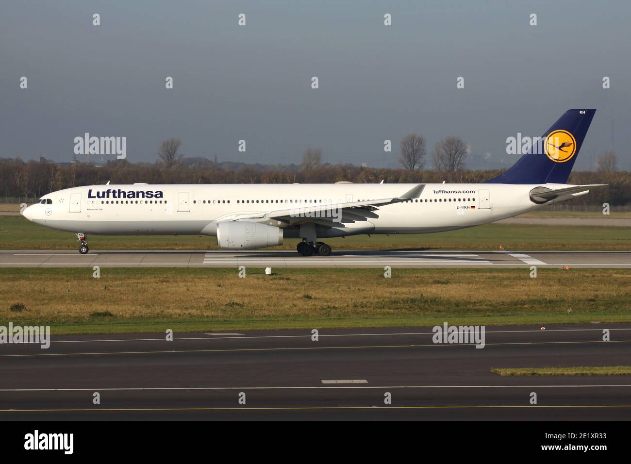 German Lufthansa Airbus A330-300 with registration D-AIKH on take off roll on runway 23L of Dusseldorf Airport. Stock Photo