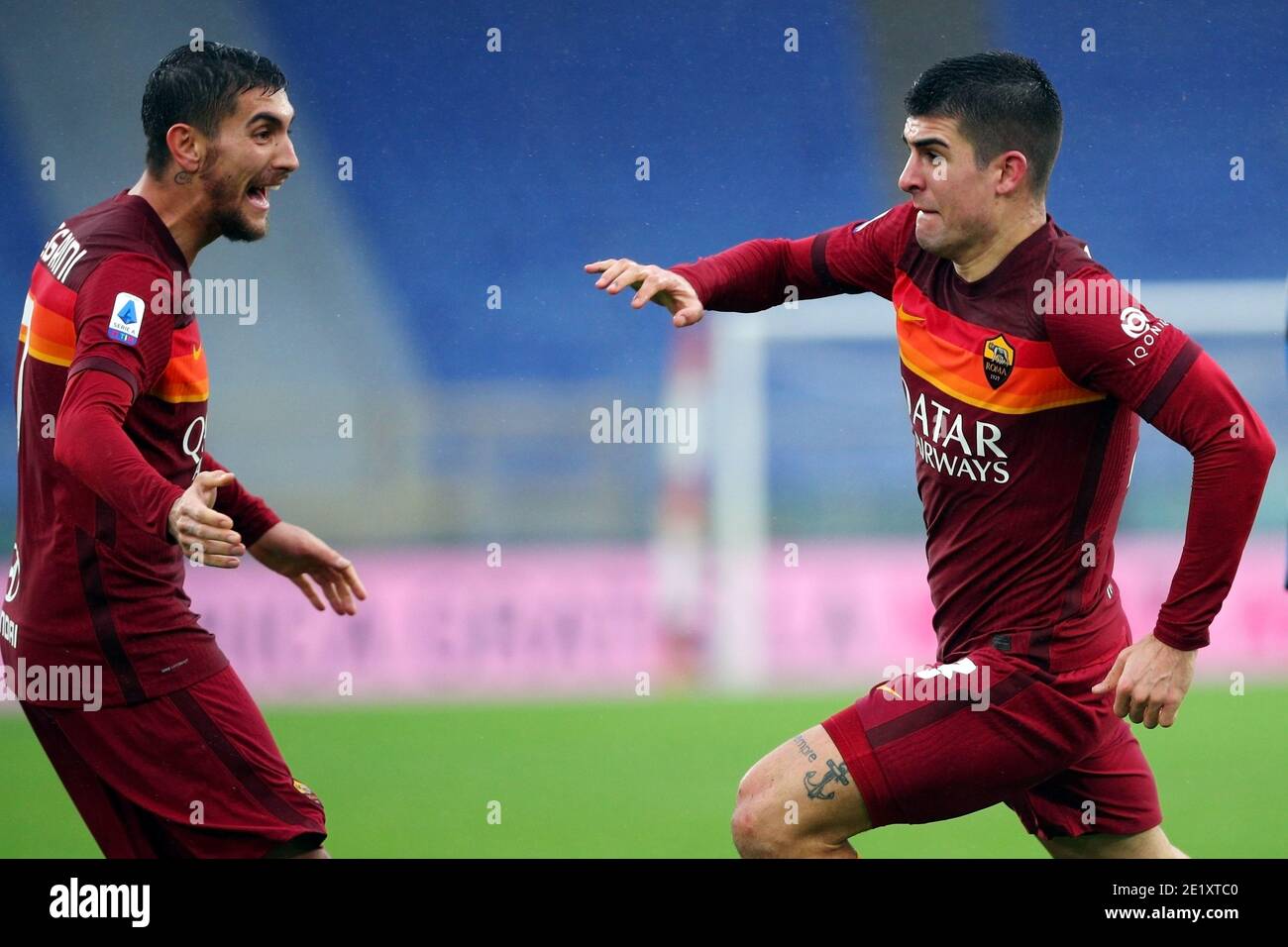 Gianluca Mancini Of Roma R Celebrates With Lorenzo Pellegrini L After Scoring 2 2 Goal During The Italian Championship Serie A Football Match Between As Roma And Fc Internazionale On January 10 21