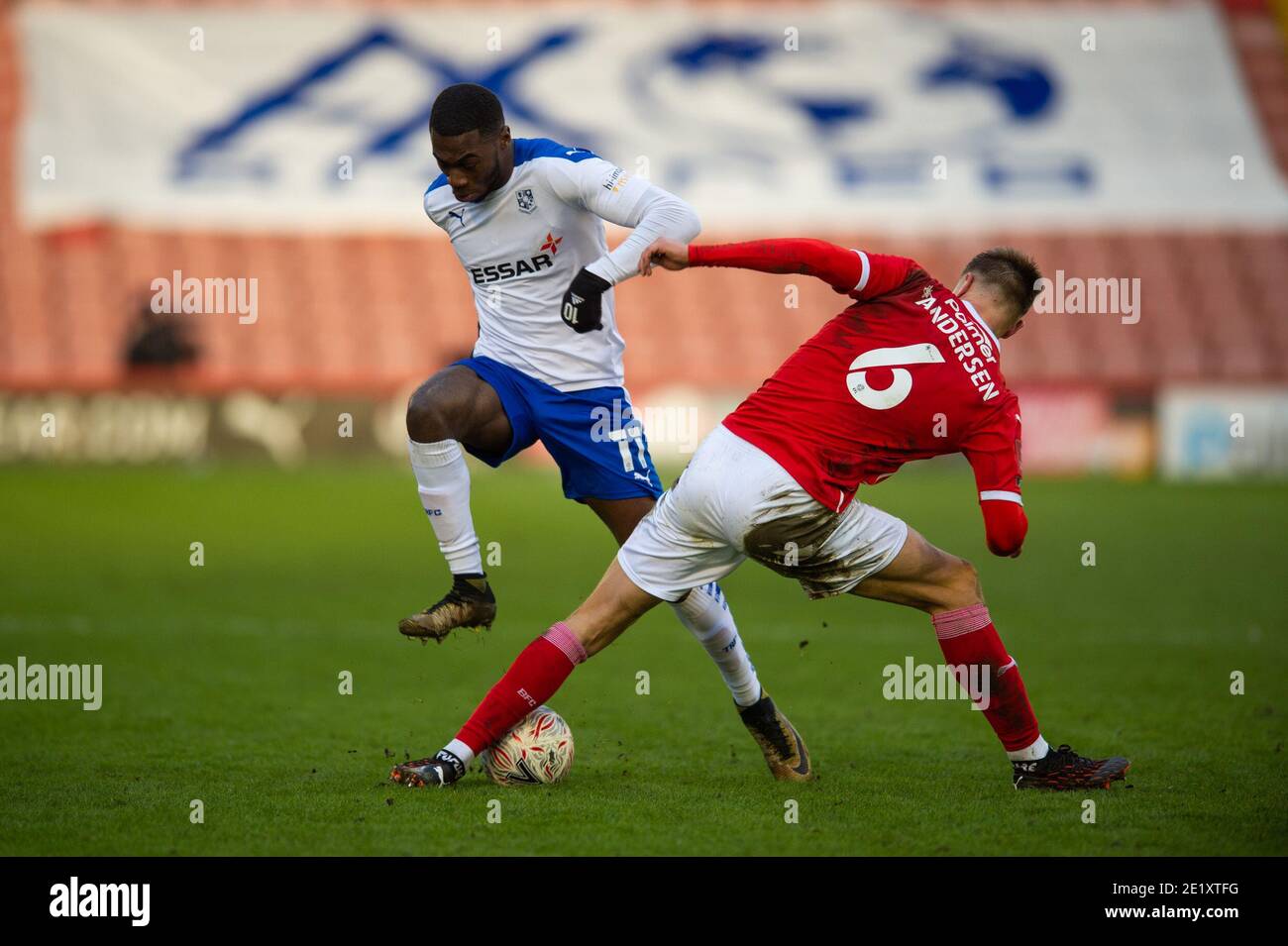 Barnsley, UK. 10th Jan, 2021. Mads Juel Andersen of Barnsley tackles Corey Blackett-Taylor of Tranmere Rovers during the FA Cup match at Oakwell, Barnsley Picture by Matt Wilkinson/Focus Images/Sipa USA 10/01/2021 Credit: Sipa USA/17�Թ����� Live News Stock Photo