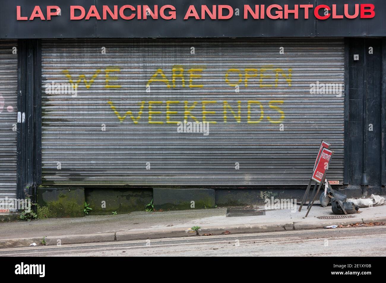 Bolton, UK - September 24 2020: A shuttered lap dancing club in Bolton. The infection rate in Bolton is still over 200 per 100,000 despite two weeks of additional local lockdown measures. Stock Photo