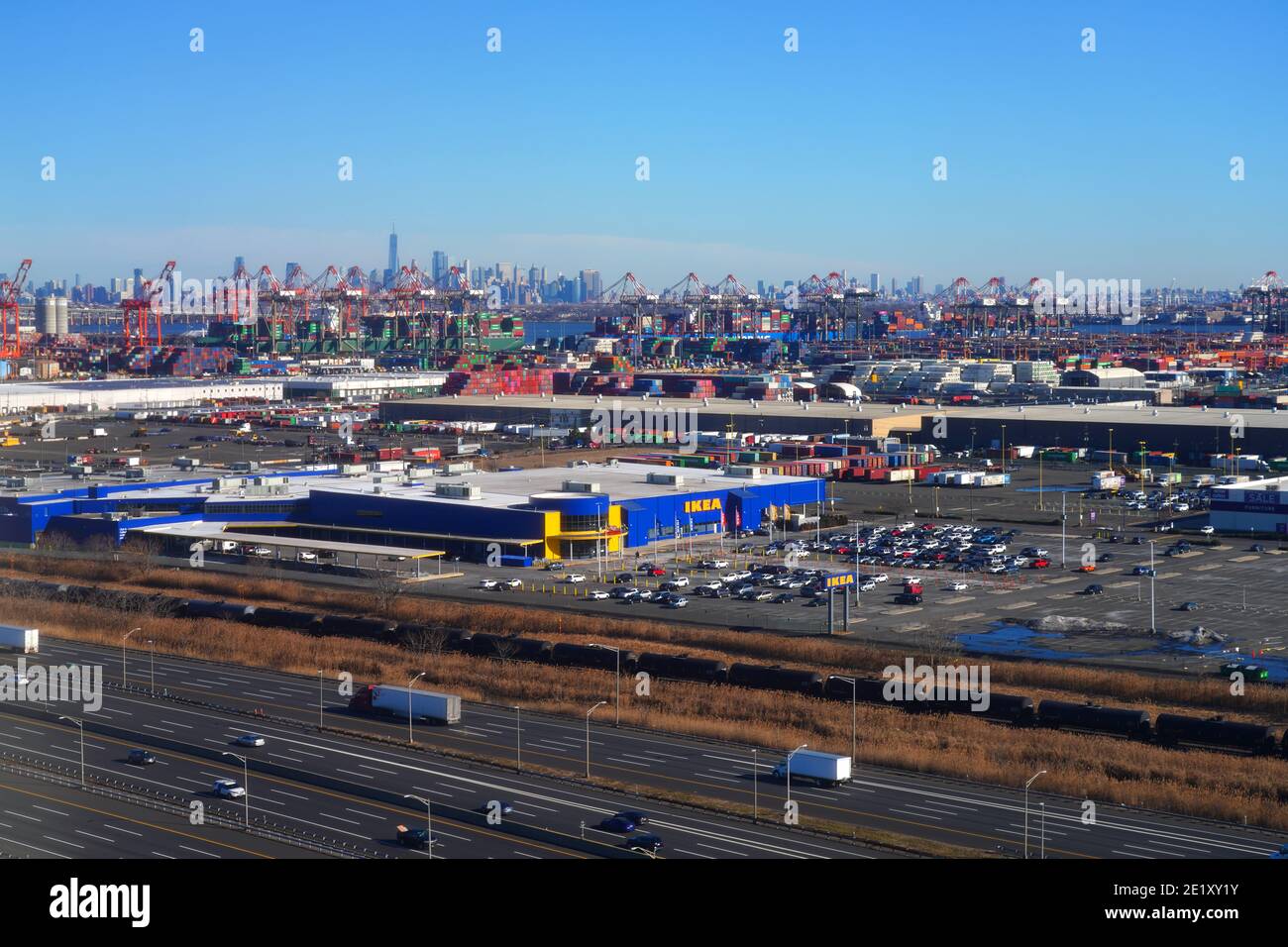 NEWARK, NJ -7 JAN 2021- Aerial view of the New Jersey turnpike, the IKEA store and the port of Elizabeth near Newark Liberty International Airport (EW Stock Photo