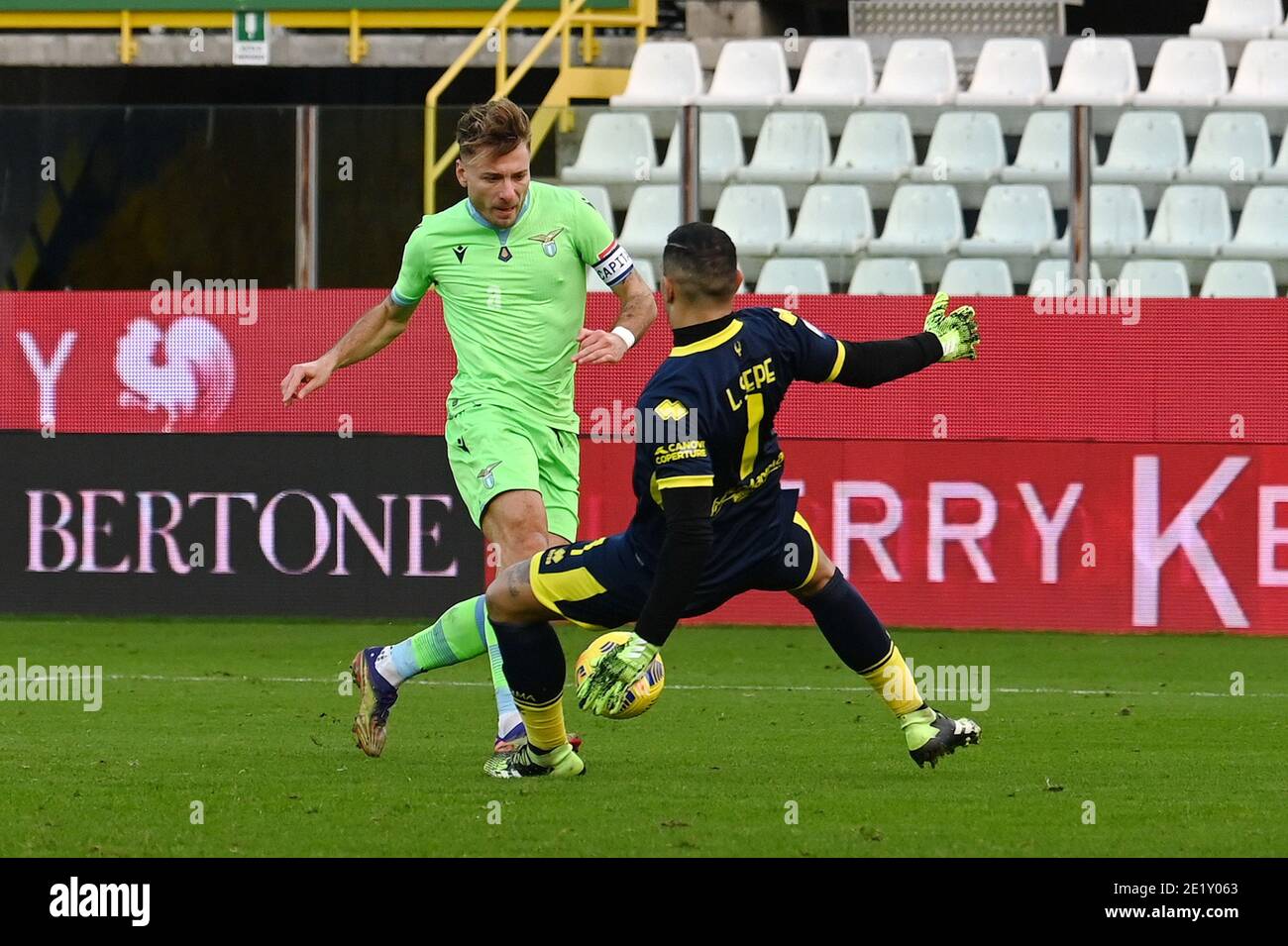 Parma, Italy. 10th Jan, 2021. Ciro Immobile (Lazio) and Luigi Sepe Parma's goalkeeper during Parma Calcio vs SS Lazio, Italian football Serie A match in parma, Italy, January 10 2021 Credit: Independent Photo Agency/Alamy Live News Stock Photo