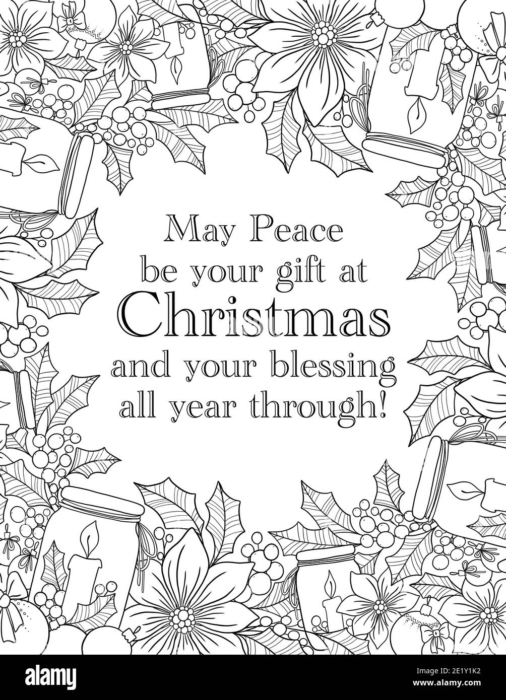 Christmas adult coloring book page with greeting words. Winter Holidays greeting card. Stress relief coloring page. Stock Photo