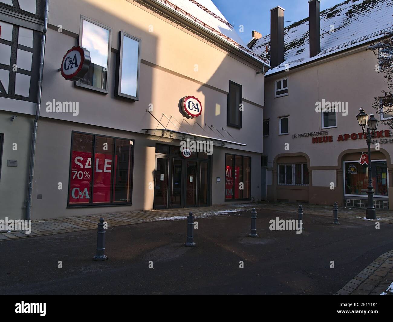 Sigmaringen, Germany - 01-09-2021: Front of clothing store of C and A, a multi-national fast-fashion chain in the textile industry, in city center. Stock Photo