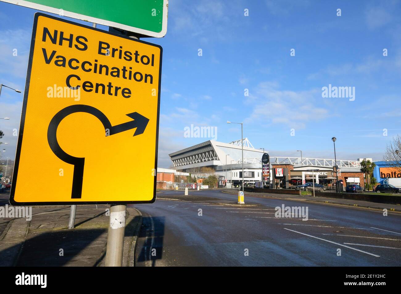 Ashton Gate, Bristol, UK.  10th January 2020.   Sign pointing to the NHS Covid-19 Bristol Vaccination Centre at Ashton Gate Stadium.  Picture Credit: Graham Hunt/Alamy Live News Stock Photo