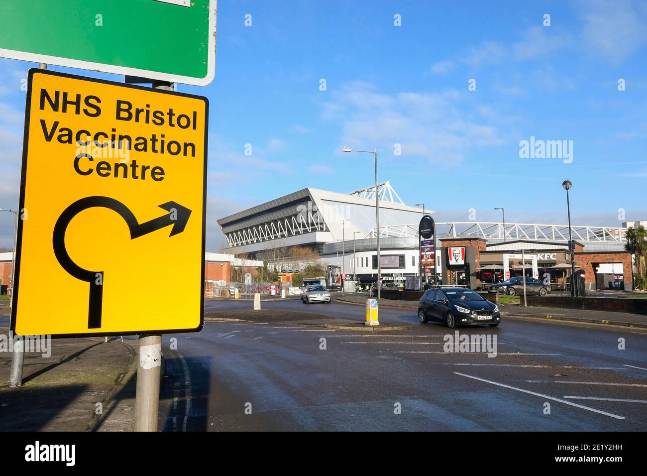 Ashton Gate, Bristol, UK.  10th January 2020.   Sign pointing to the NHS Covid-19 Bristol Vaccination Centre at Ashton Gate Stadium.  Picture Credit: Graham Hunt/Alamy Live News Stock Photo