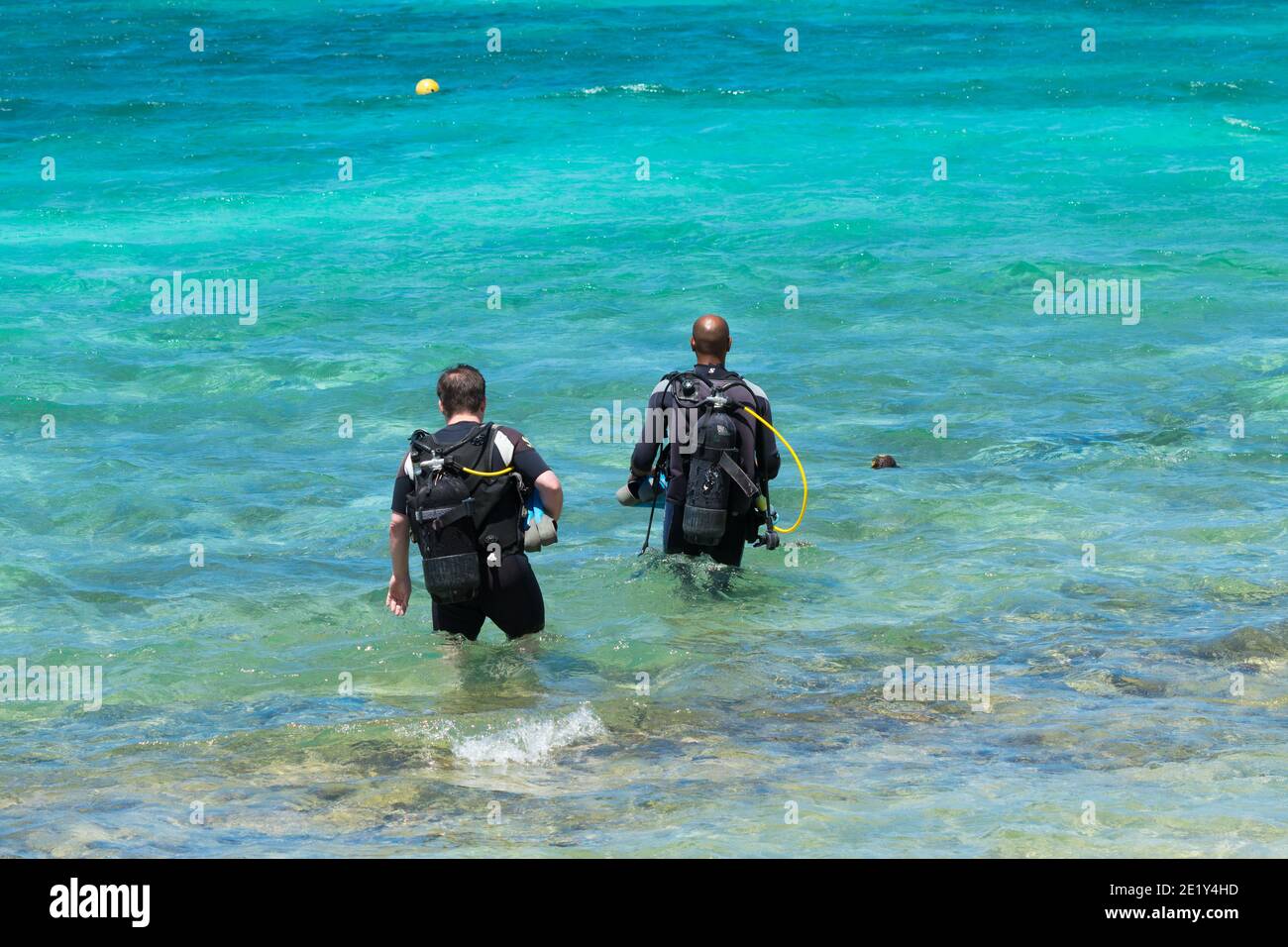 scuba divers walking into the sea or ocean on the tropical island of