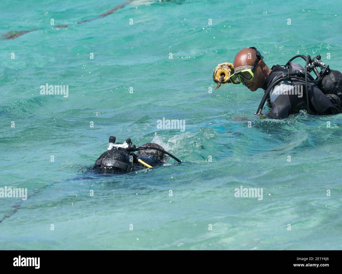 scuba diving private one one one lesson in the sea at the tropical island of Mauritius concept leisure or recreational activity on holiday Stock Photo