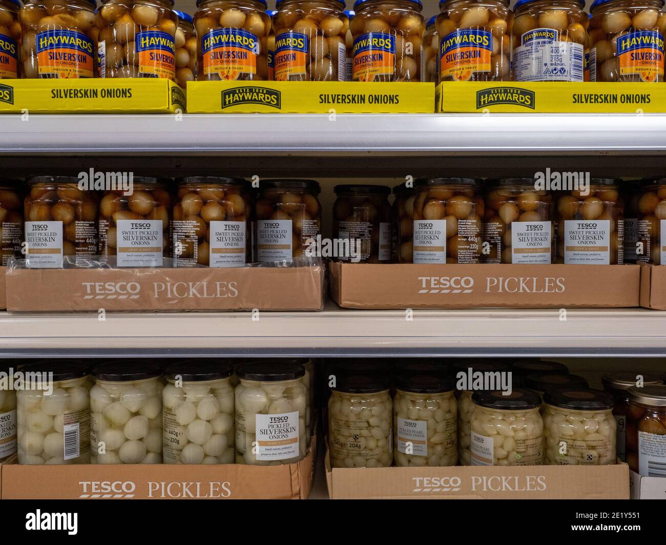 Pickled onions for sale on a shelf in Tesco Supermarket Stock Photo Alamy