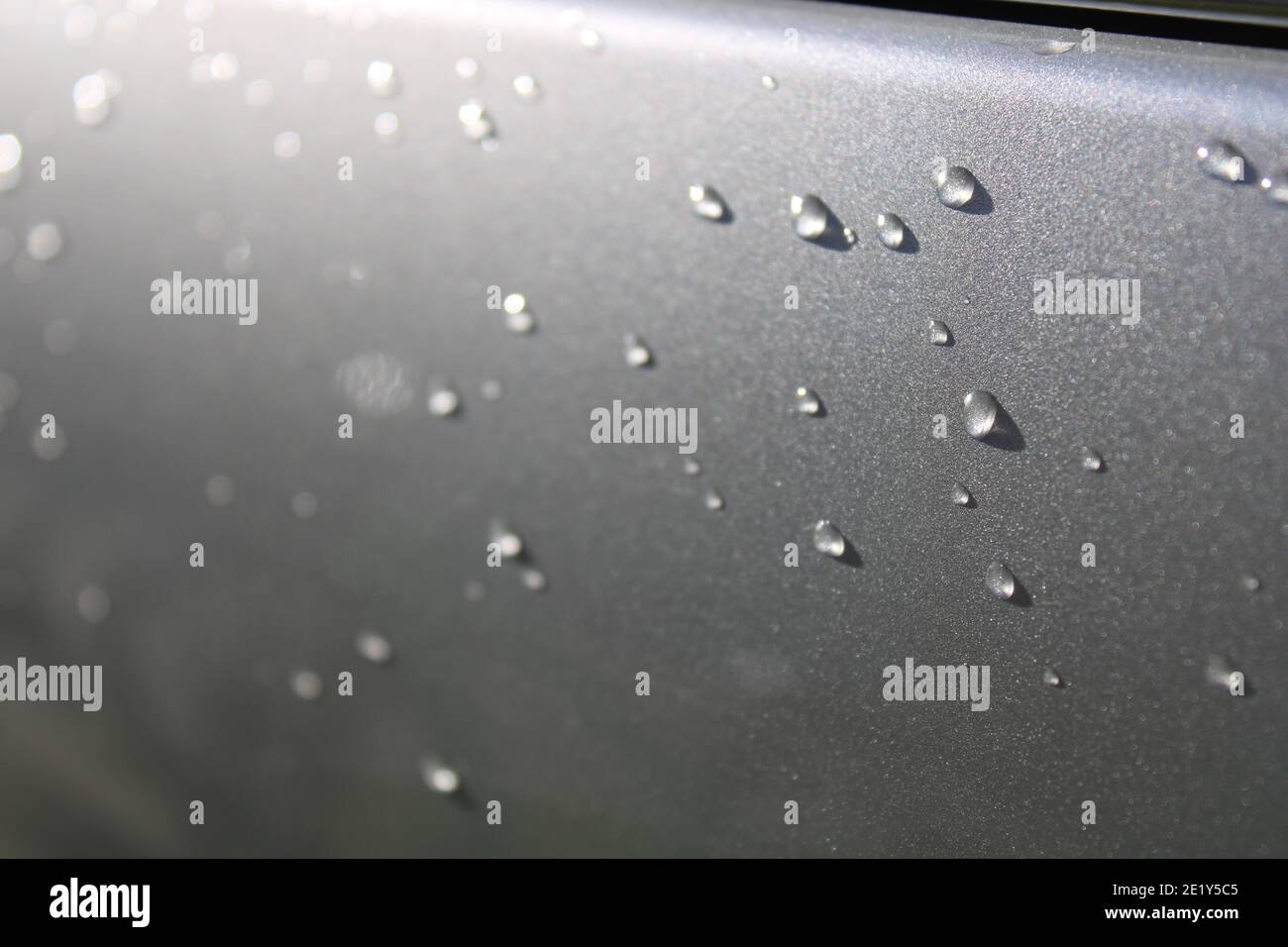 A closeup of beautiful water beads on the side of a silver Honda Odyseey. Stock Photo