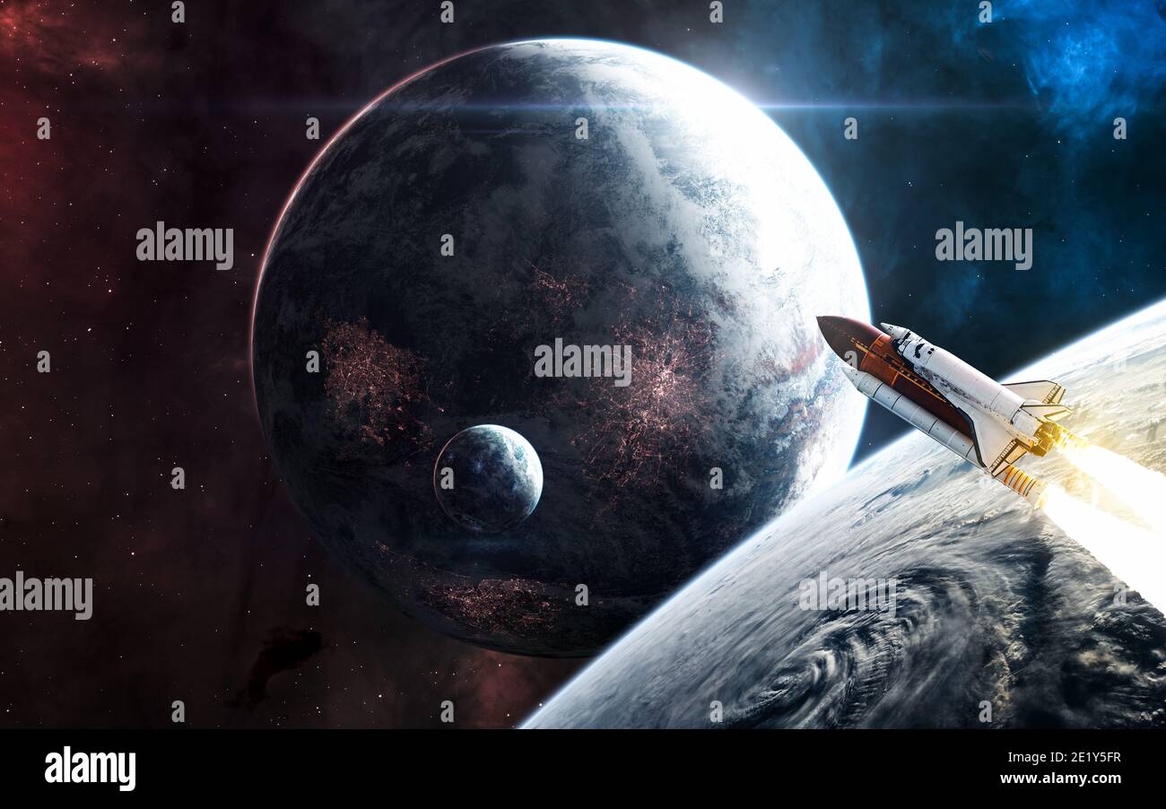 Space shuttle orbiting the planet. Deep space planets Stock Photo