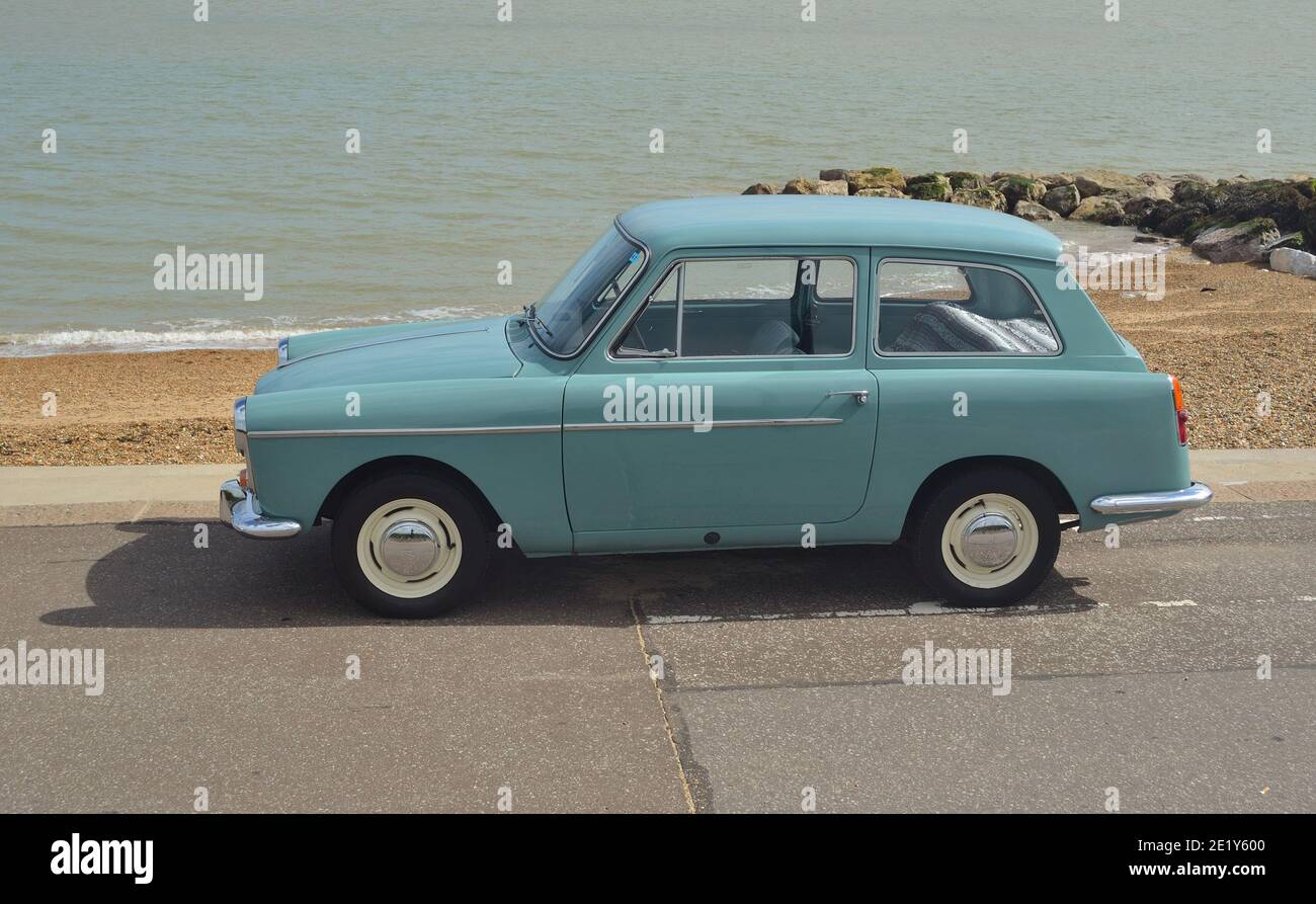 Classic Light Blue Austin A40 on show at Felixstowe seafront. Stock Photo