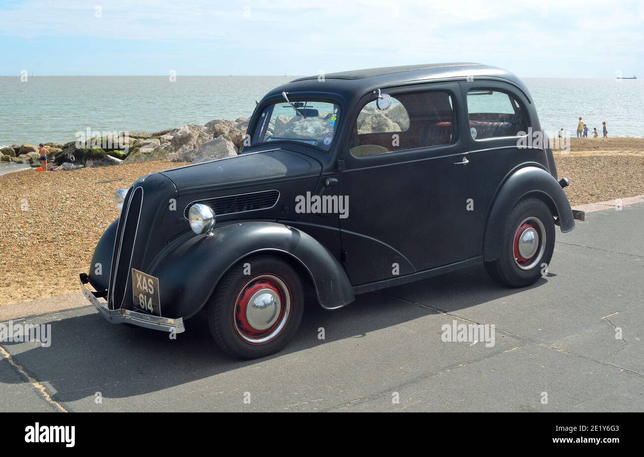 Classic Black  motorcar on Felixstowe seafront. Stock Photo