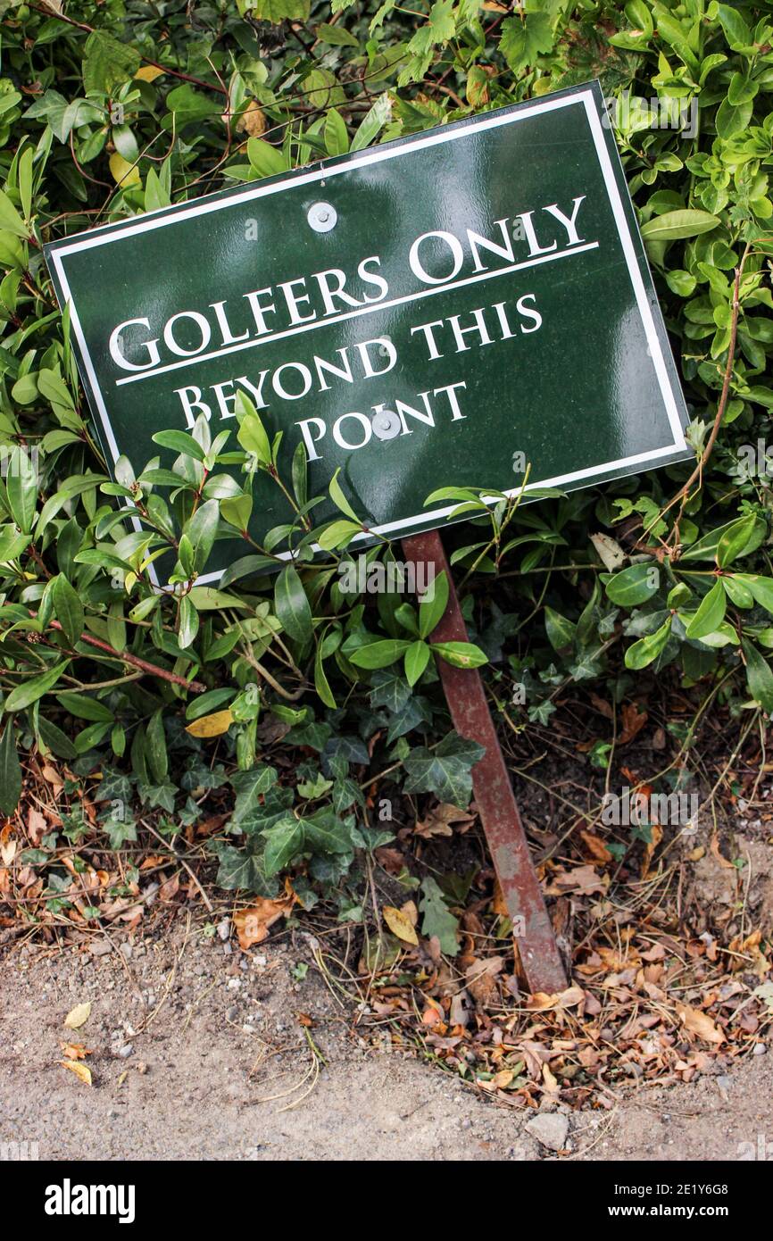 Golfers only beyond this point. Sign at golf course in Dublin, Ireland. Stock Photo