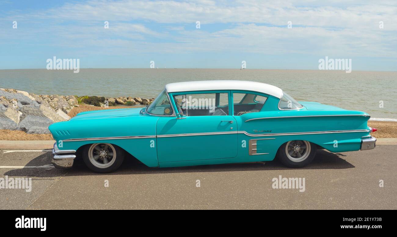 Classic Light Blue Chevrolet Delray motorcar on show at Felixstowe seafront. Stock Photo