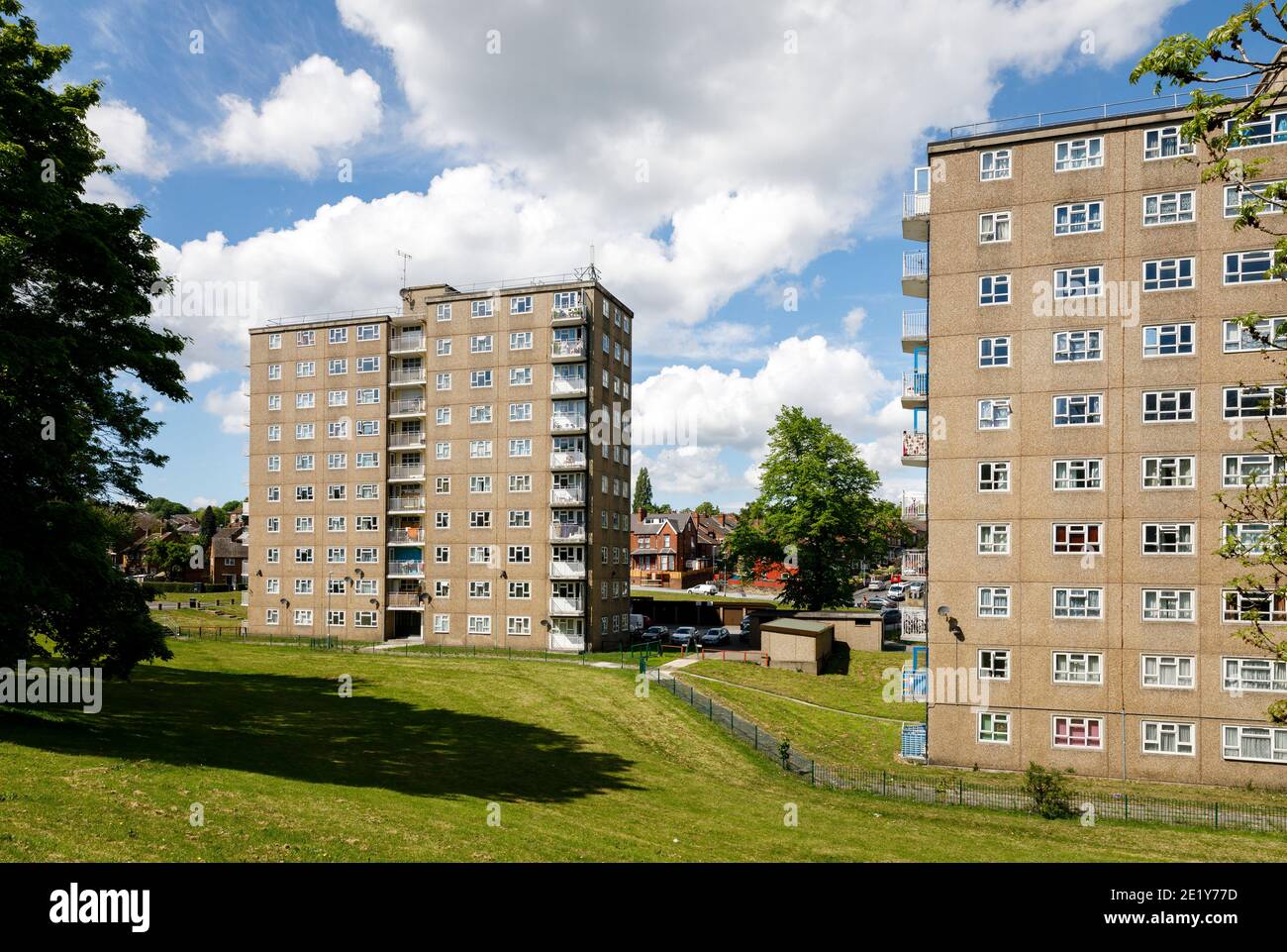 Blocks of flats on a sunny day in the UK. Raynville Court and Raynville Grange, Bramley Leeds, England Stock Photo