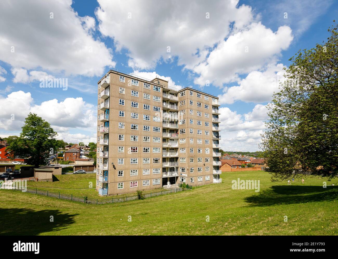 Block of flats on a sunny day in the UK. Raynville Court, Bramley Leeds, England Stock Photo