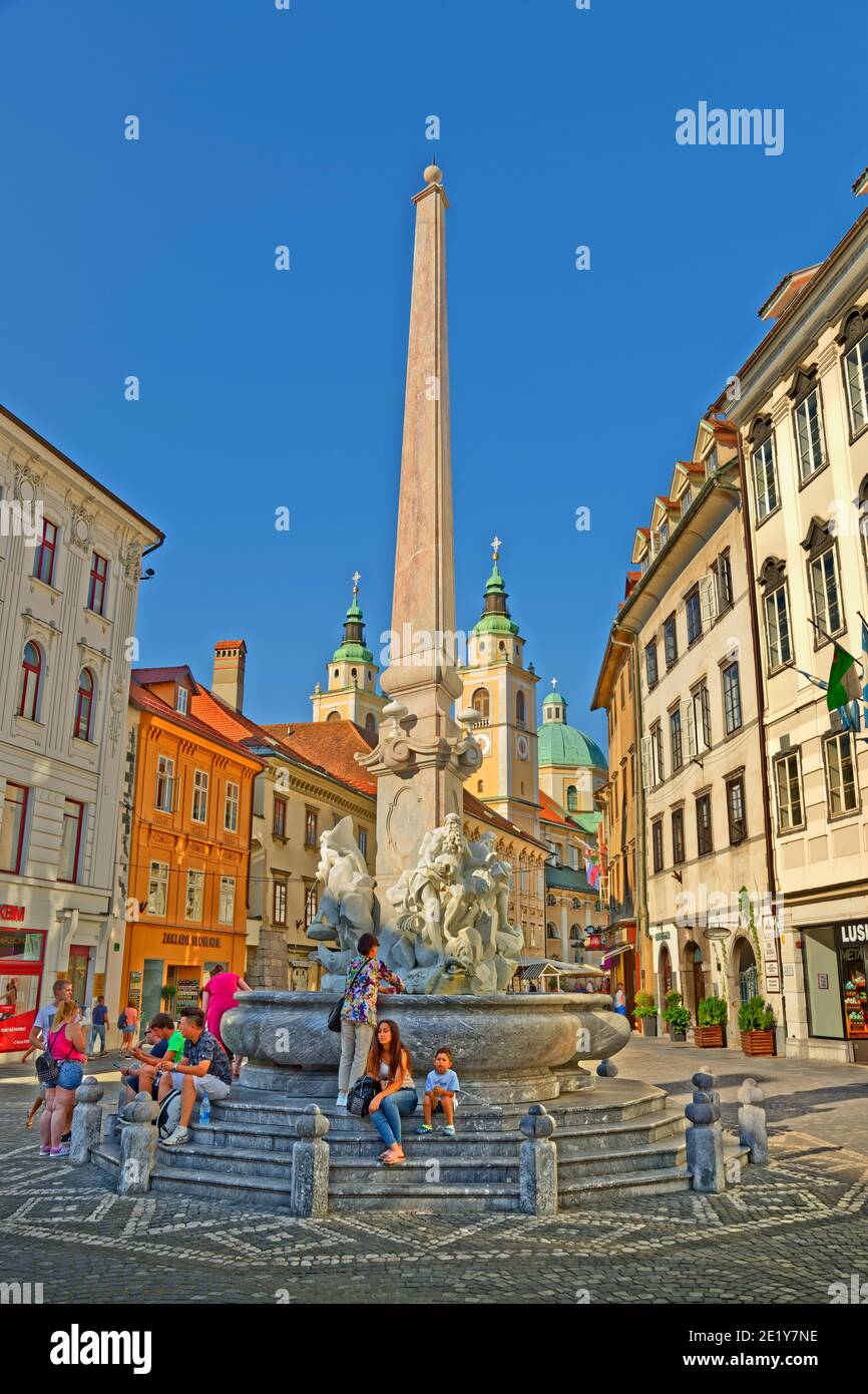 Robba fountain in Town Hall Square Ljubljana city centre, capital of Slovenia. Stock Photo