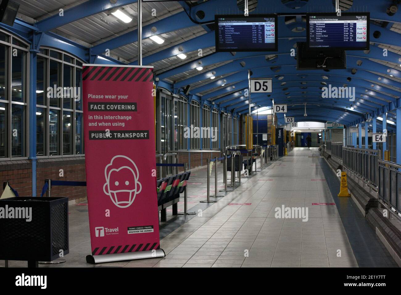 Sheffield, UK - October 5 2020: Signs reminding people to wear a face covering in Sheffield Interchange bus terminal. Sheffield is not currently in local lockdown but is thought to be on the brink since Covid cases more than doubled after missing tests figures were added. Stock Photo