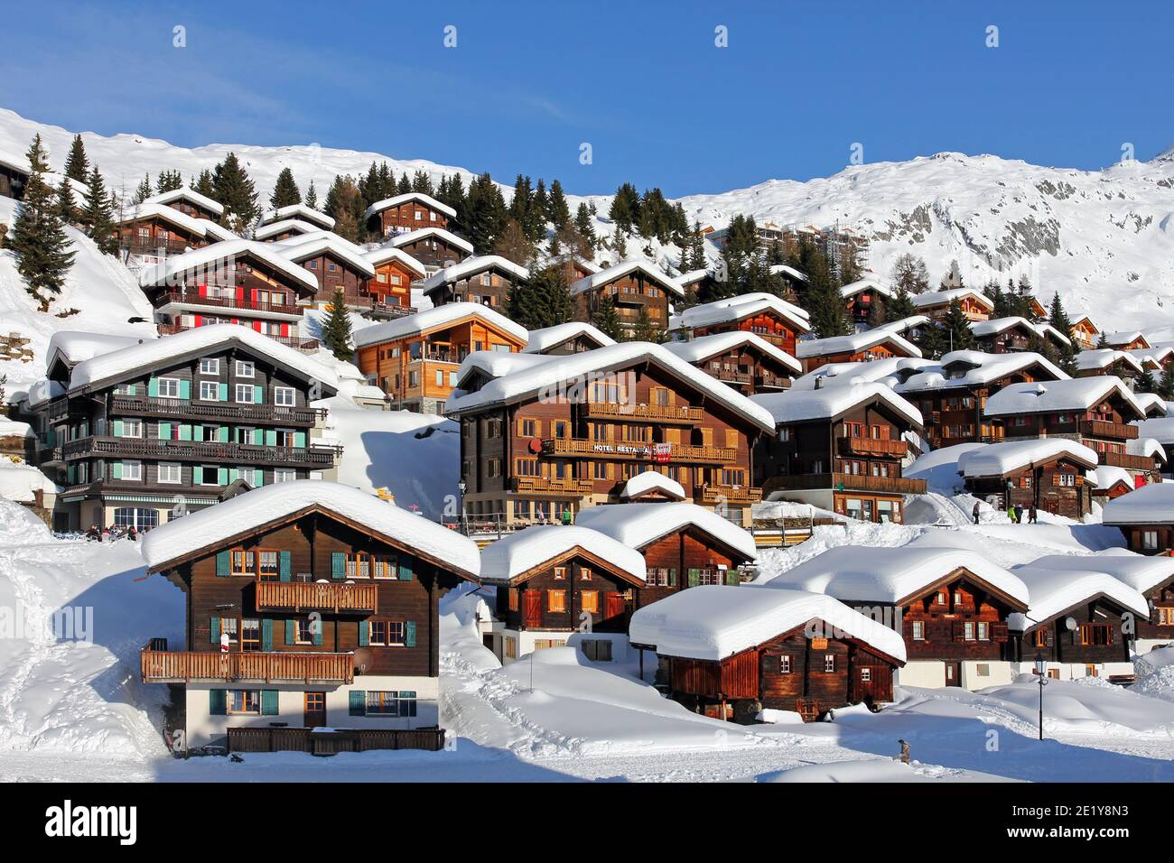 A typical winter scene of a winter ski resort in the Alps. This particular village is Bettmeralp in the Canton of Valais (Wallis), Switzerland. As the Stock Photo
