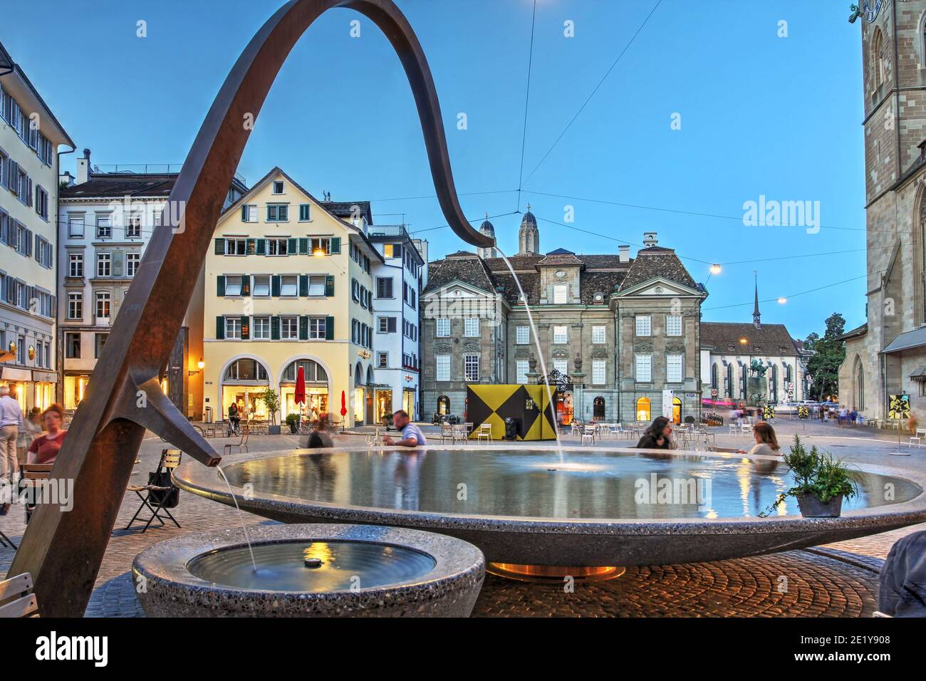 Night scene in Münsterhof Square in the Lindenhof quarter of Altstadt (old town) Zurich, Switzerland. The square was redesigned in 2016 to make it ful Stock Photo
