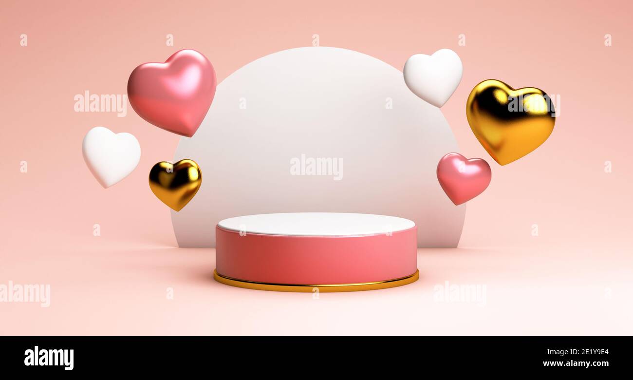 Valentines day podium surrounded by floating hearts in 3D rendering ...
