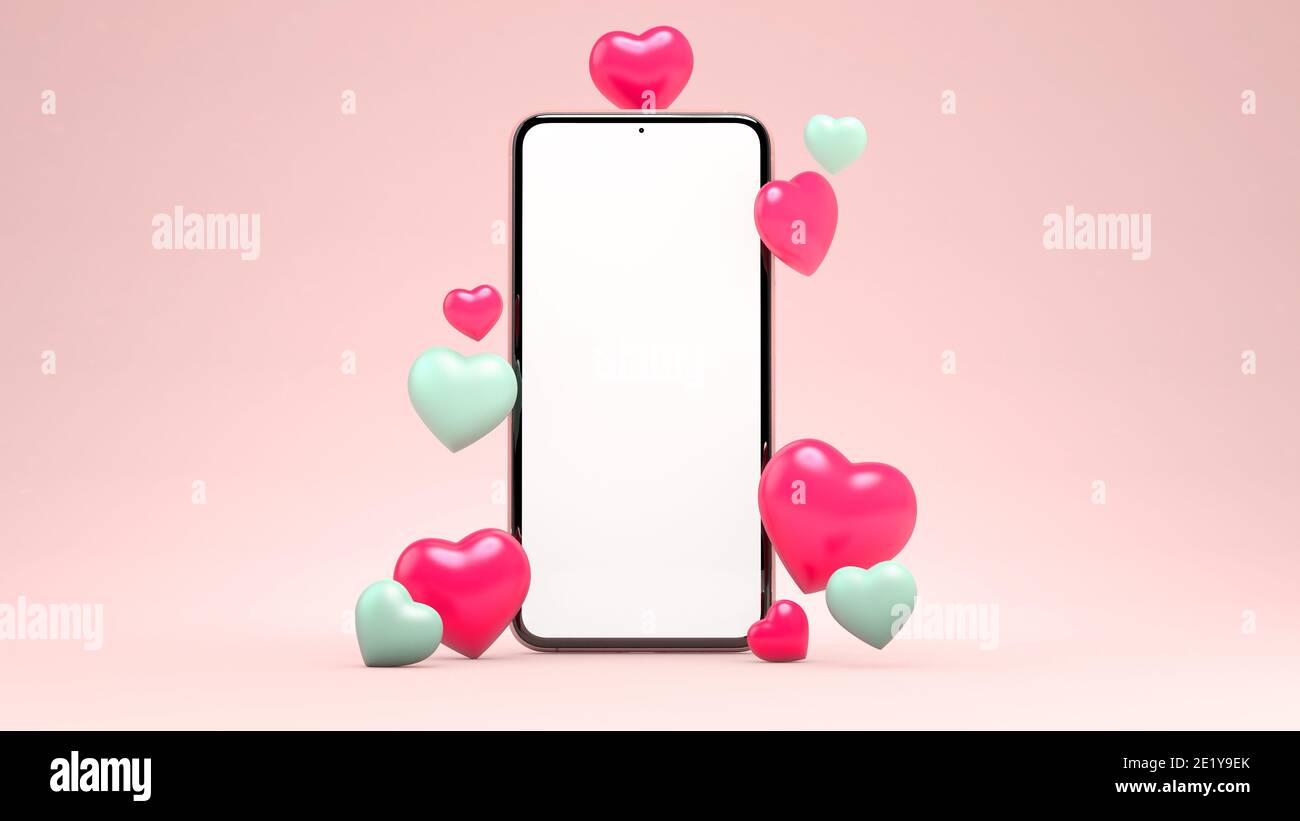 3D rendering mobile phone mockup with hearts for Valentines day background design. Empty isolated generic smartphone blank screen template. 3D illustr Stock Photo