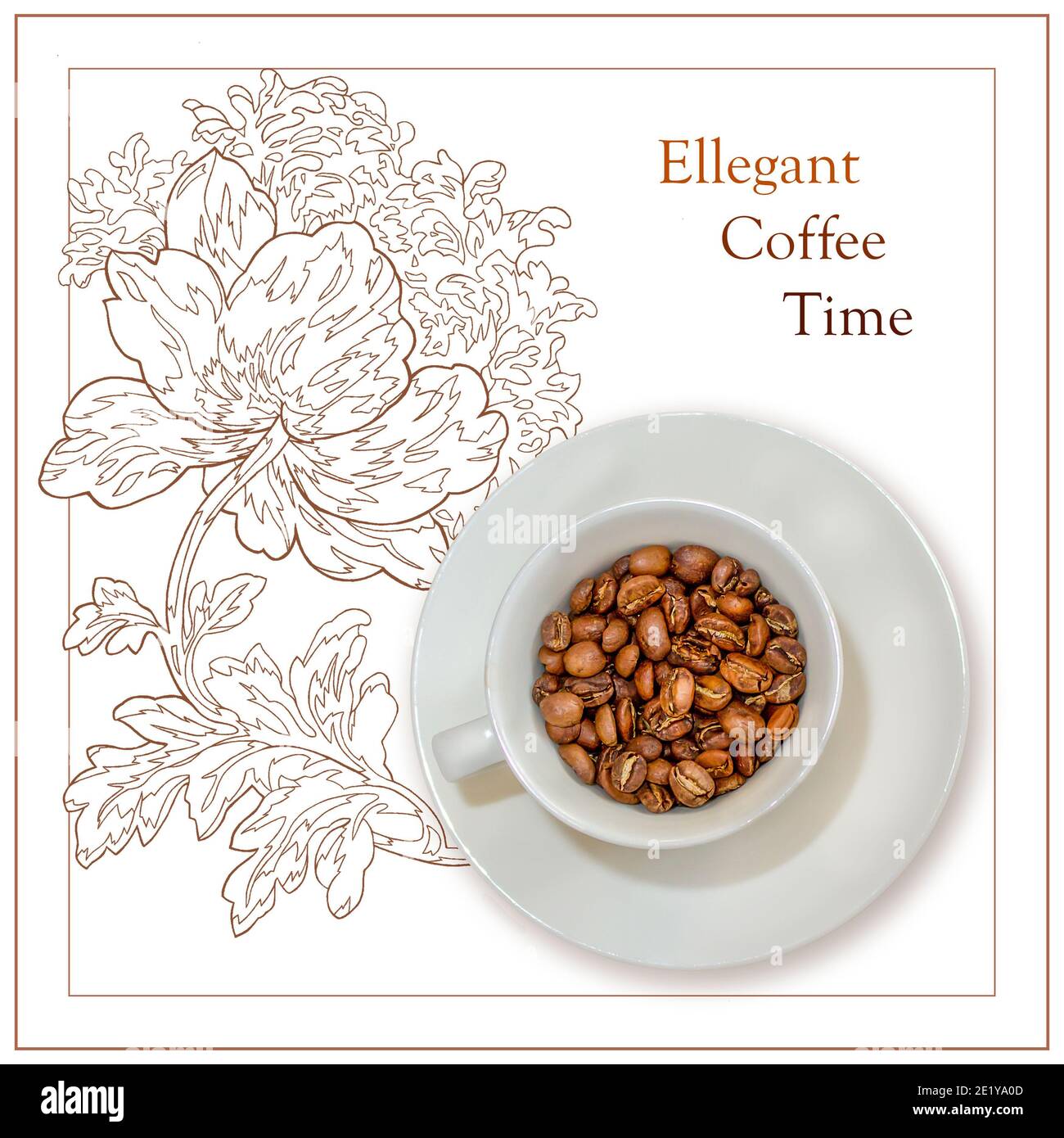 Coffee cup with roasted arabica beans on a white background with a linearly drawn stylized retro flower and an inscription. Poster-elegant coffee time Stock Photo