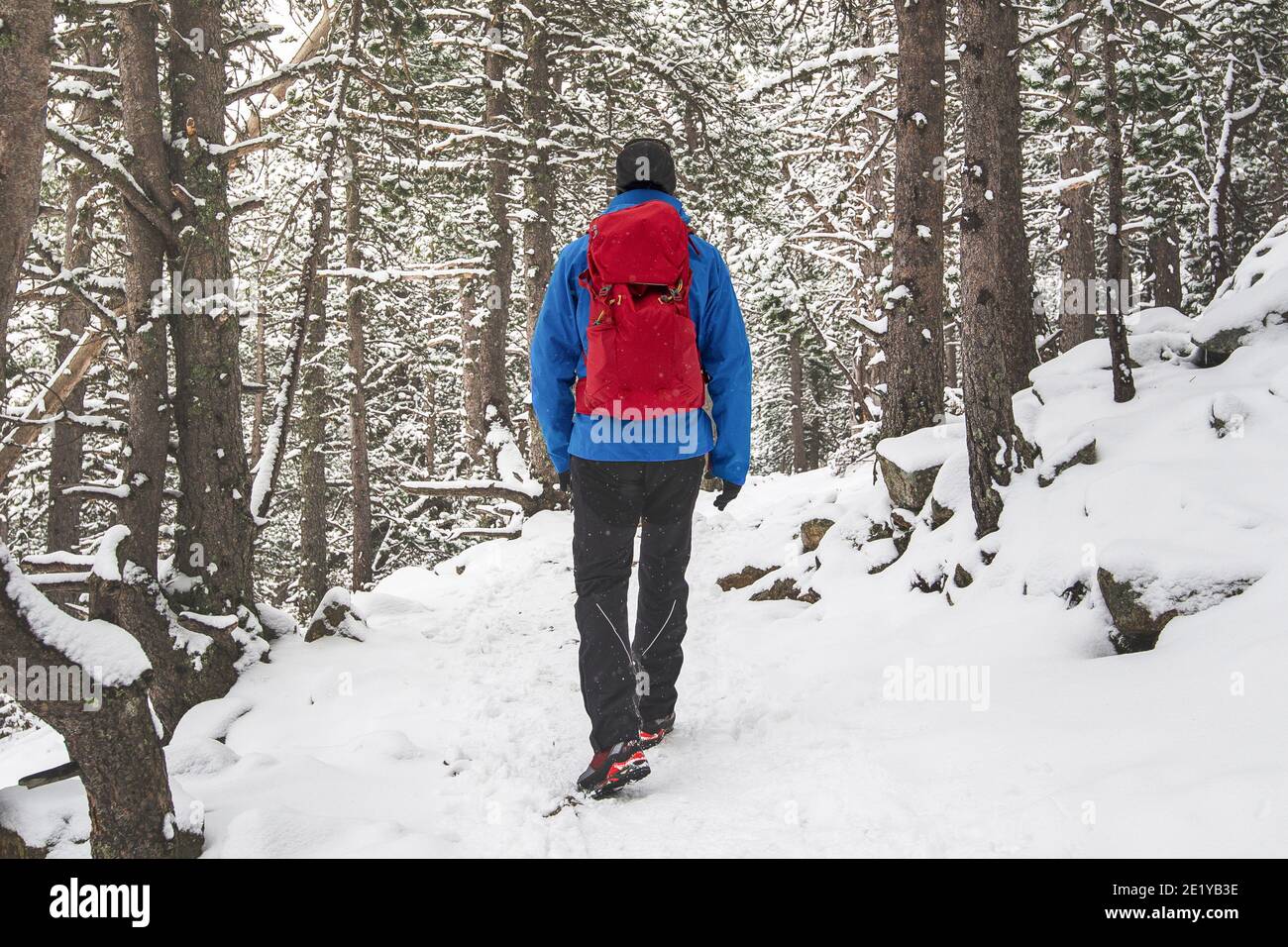 A man in the snow with a red backpack Stock Photo