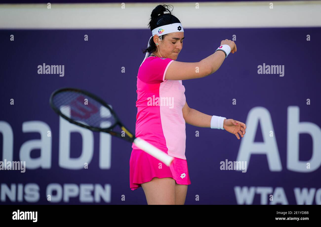 Ons Jabeur of Tunisia in action against Aryna Sabalenka of Belarus during her third round match at the 2021 Abu Dhabi WTA Women&#039;s Tennis Open WTA 500 tournament on January 10, 2021 in Abu Dhabi, United Arab Emirates - Photo Rob Prange / Spain DPPI / DPPI / LM Stock Photo