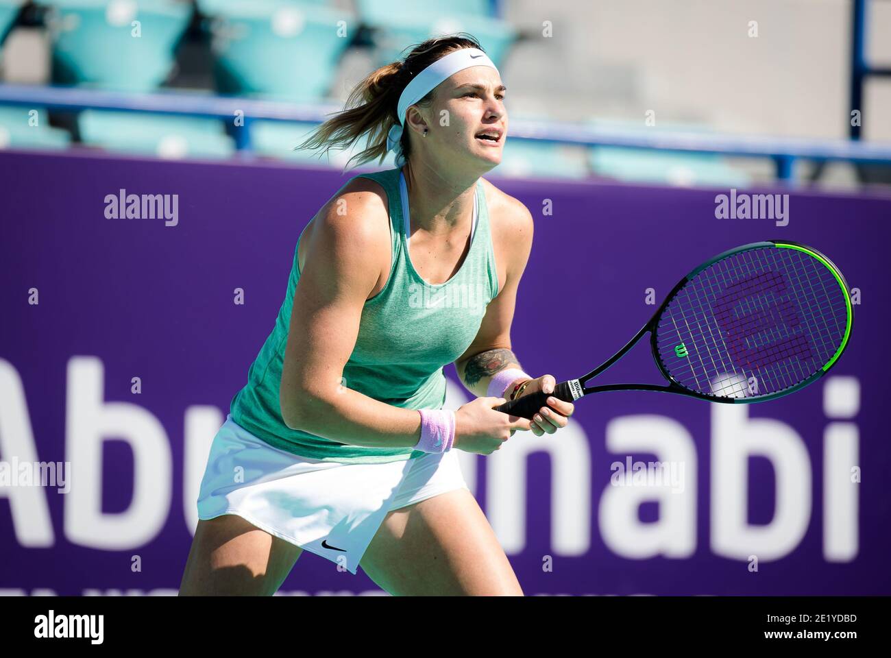 Aryna Sabalenka of Belarus in action against Ons Jabeur of Tunisia during her third round match at the 2021 Abu Dhabi WTA Women&#039;s Tennis Open WTA 500 tournament on January 10, 2021 in Abu Dhabi, United Arab Emirates - Photo Rob Prange / Spain DPPI / DPPI / LM Stock Photo