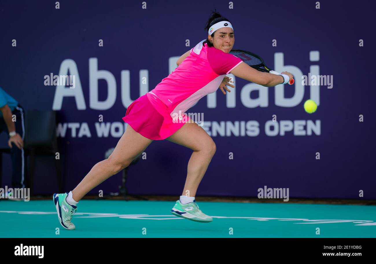 Ons Jabeur of Tunisia in action against Aryna Sabalenka of Belarus during her third round match at the 2021 Abu Dhabi WTA Women&#039;s Tennis Open WTA 500 tournament on January 10, 2021 in Abu Dhabi, United Arab Emirates - Photo Rob Prange / Spain DPPI / DPPI / LM Stock Photo