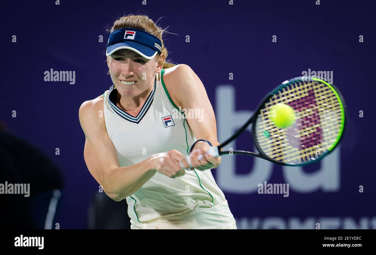 Ekaterina Alexandrova of Russia in action against Elina Svitolina of the  Ukraine during her third round match at the 2021 Abu Dhabi WTA Women's  Tennis Open WTA 500 tournament on January 10,