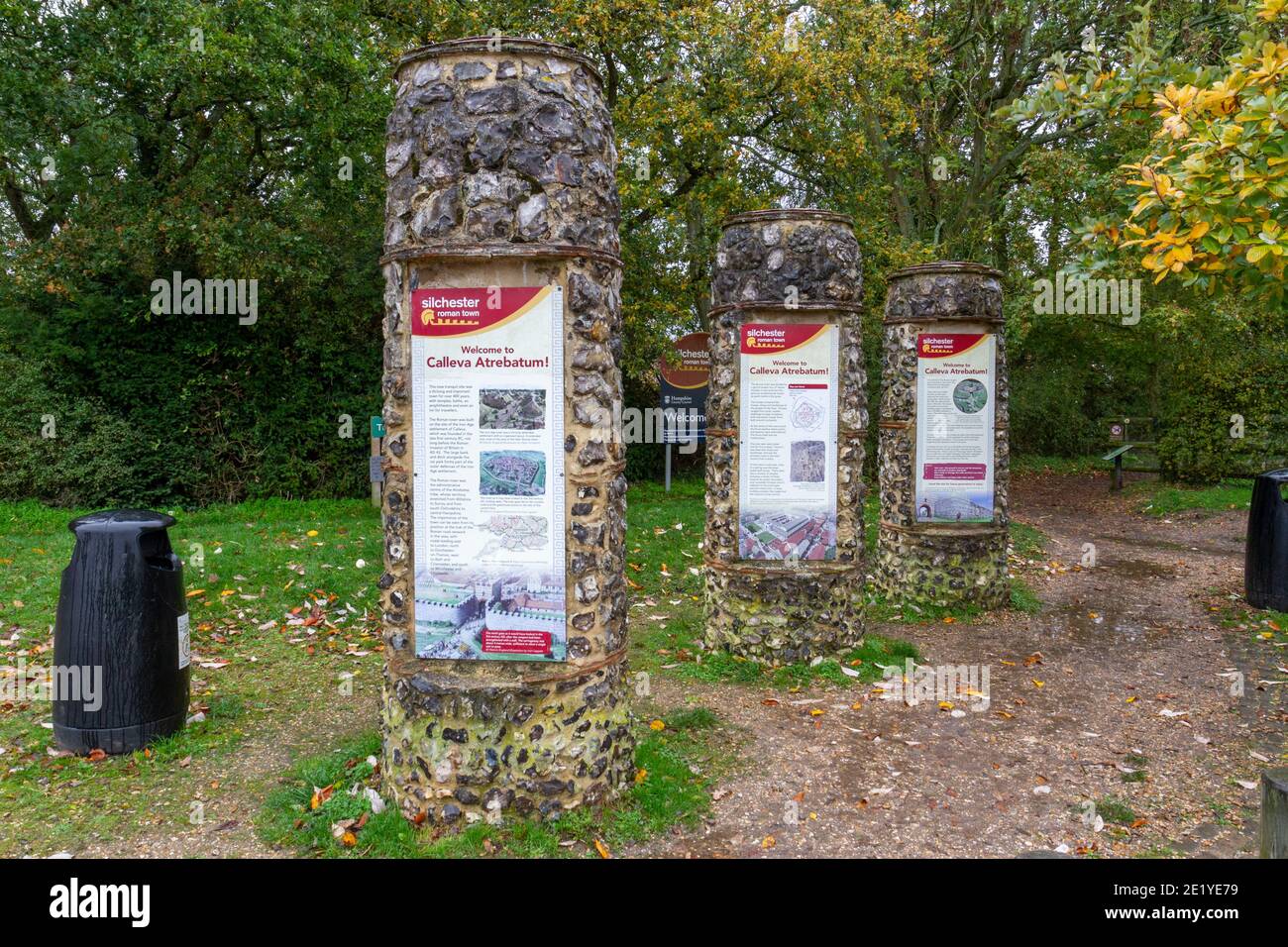 Information panels on the history of the Roman city of Silchester (Calleva Atrebatum), Wiltshire, UK. Stock Photo