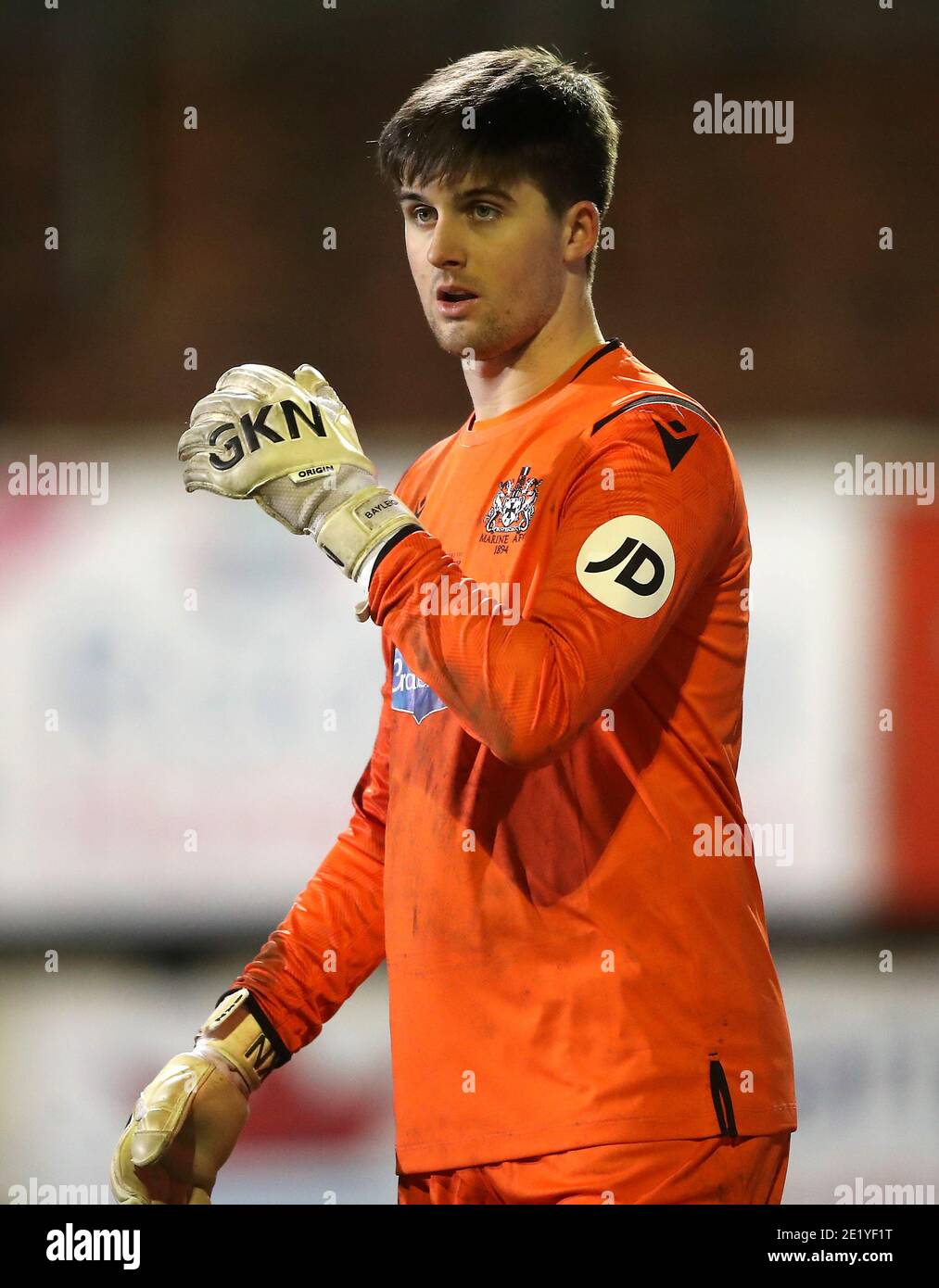 Marine goalkeeper Bayleigh Passant during the Emirates FA Cup third round match at Rossett Park, Crosby. Stock Photo