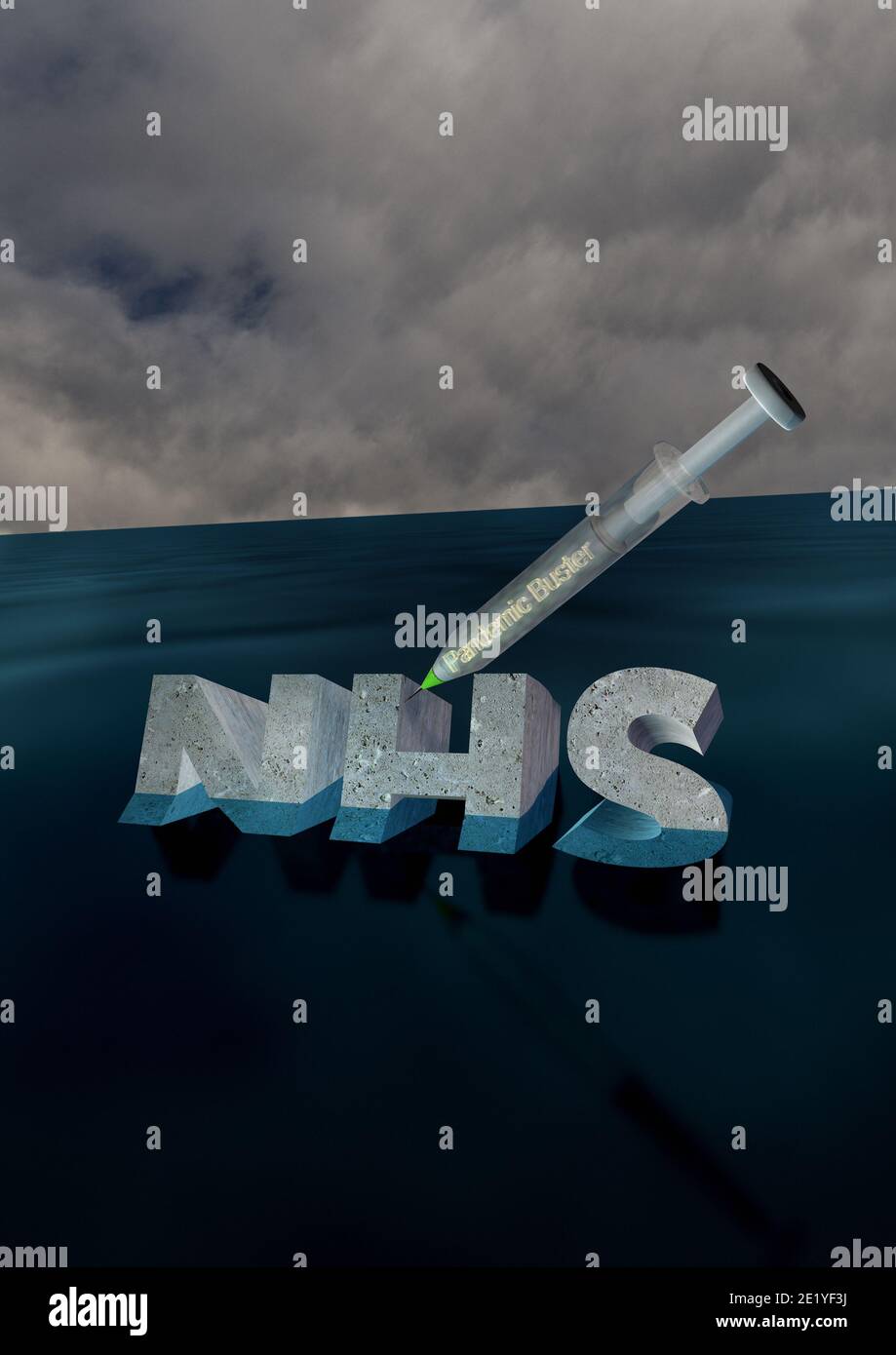 Concept CGI image/ illustration of the NHS sinking and trying to survive  while being injected with hope of new vaccine fighting the Covid-19 pandemic Stock Photo