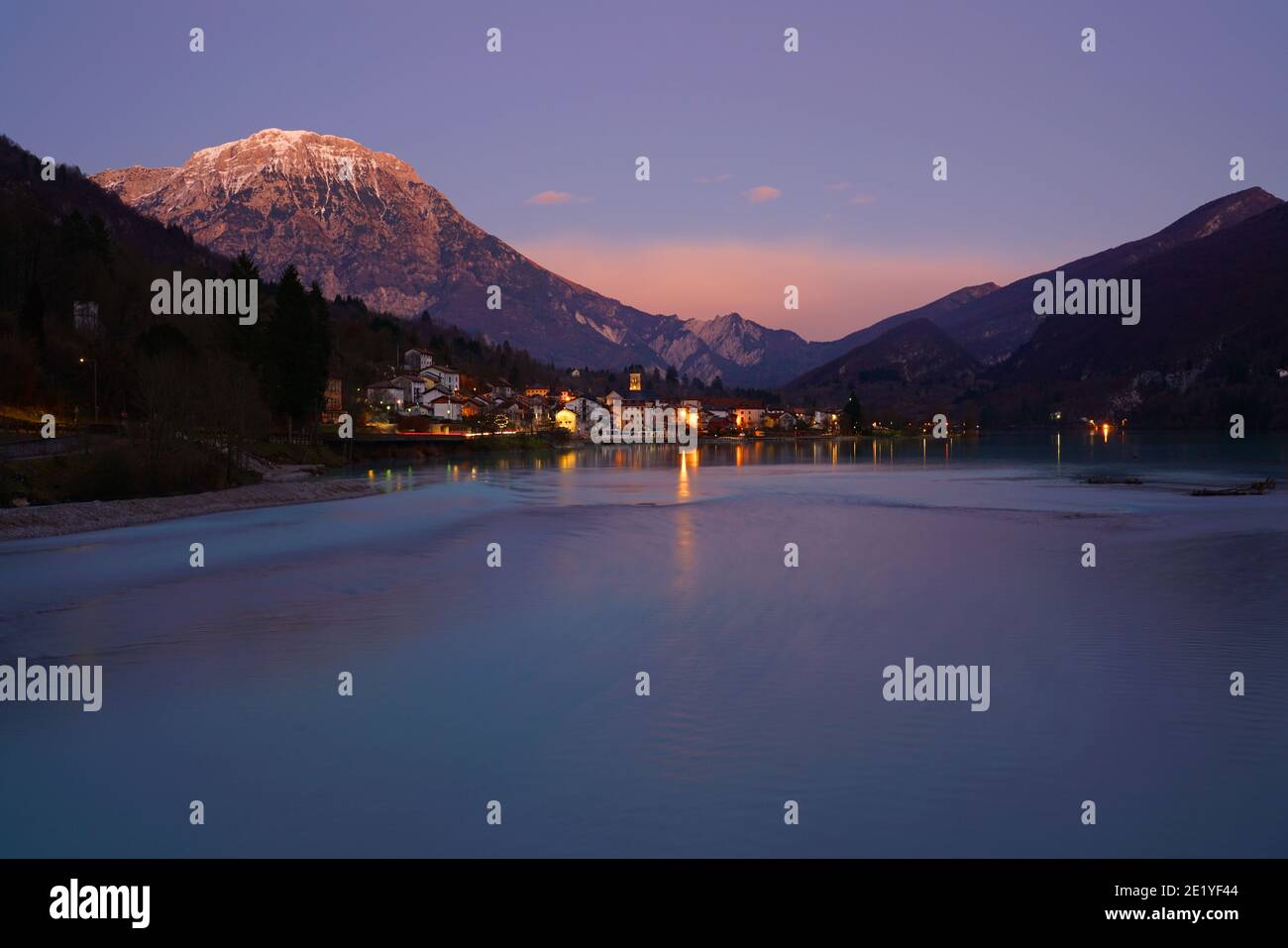 Sunset at Lake Barcis in the Italian Dolomites. Stock Photo