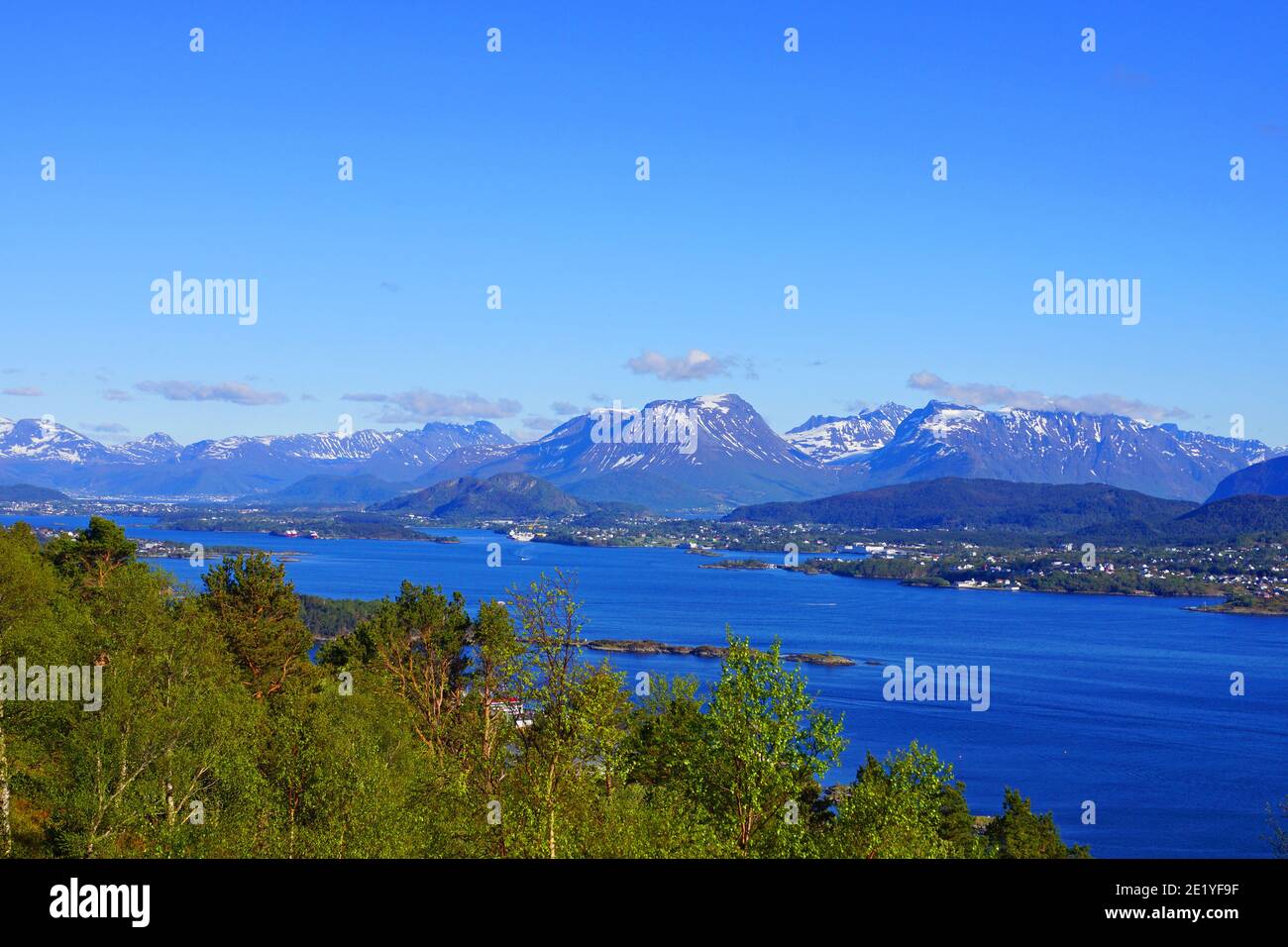 Fjord and mountains. View from Mt. Aksla in Ålesund, Norway. Stock Photo