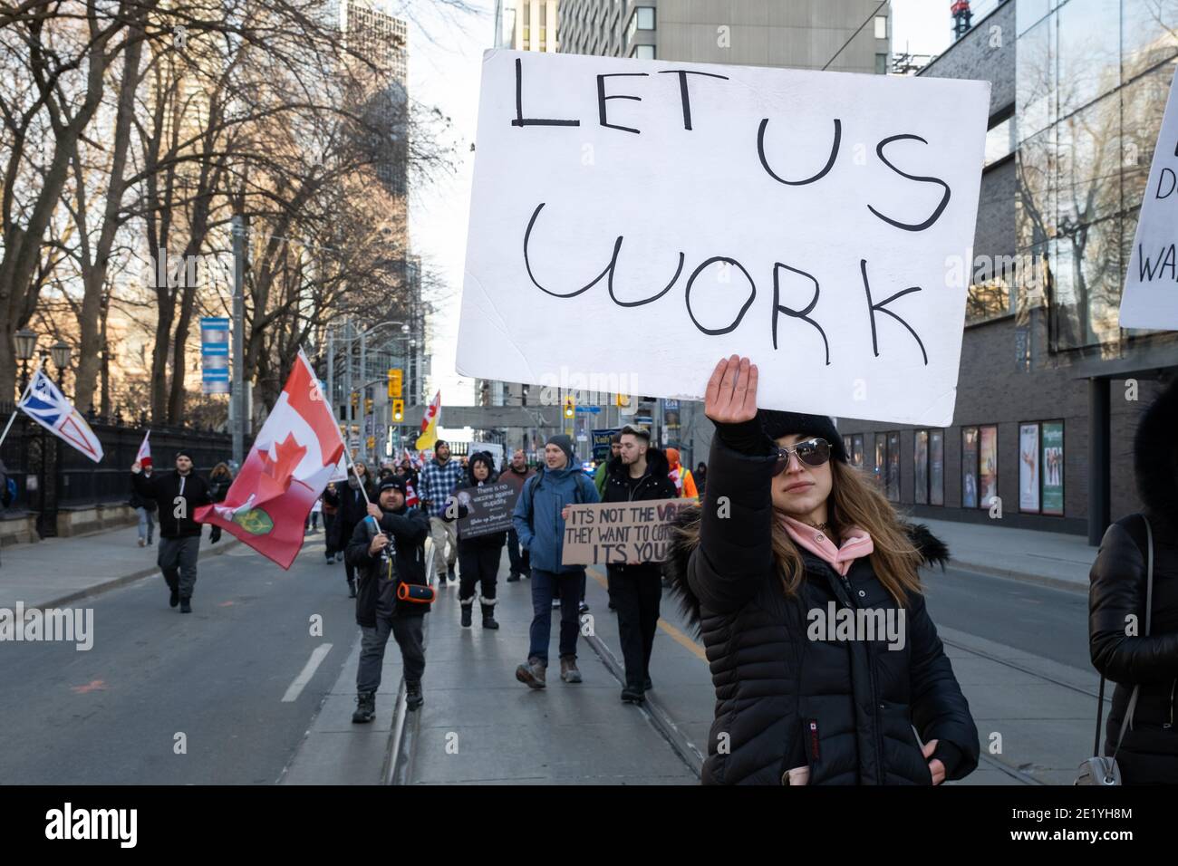 A participant of an anti-COVID-19 lockdown protest in Toronto, Canada demands people be allowed back to work. Stock Photo