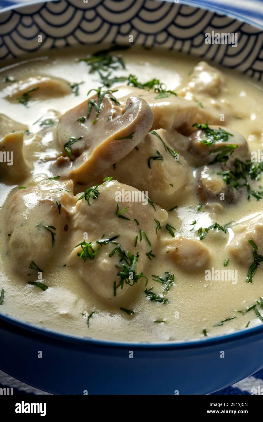 Chicken stew with mushrooms and cream - close up view Stock Photo