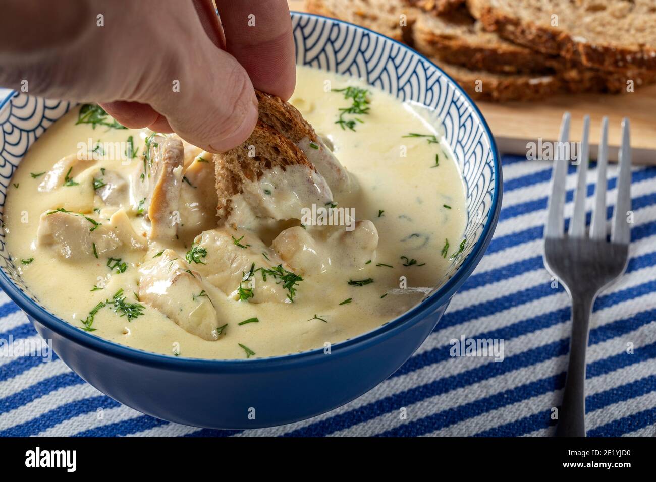 Eating chicken stew with mushrooms and cream - close up view Stock Photo