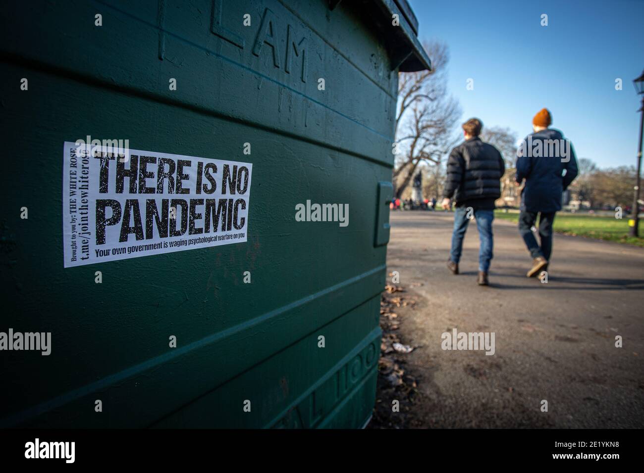 Sticker claiming 'There is no pandemic ' at Clapham Common during the anti-lockdown demonstration on January 9, 2021 in London. Stock Photo