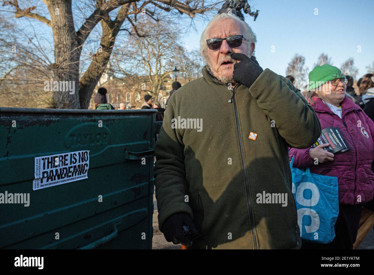 Protestors gathering in Clapham Common during the anti-lockdown demonstration on January 9, 2021 in London, England. Stock Photo