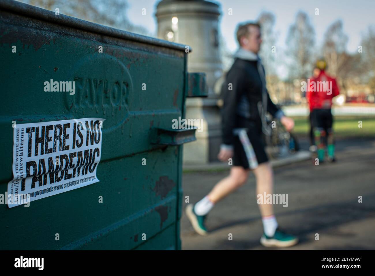 Sticker claiming 'There is no pandemic ' at Clapham Common during the anti-lockdown demonstration on January 9, 2021 in London, Stock Photo