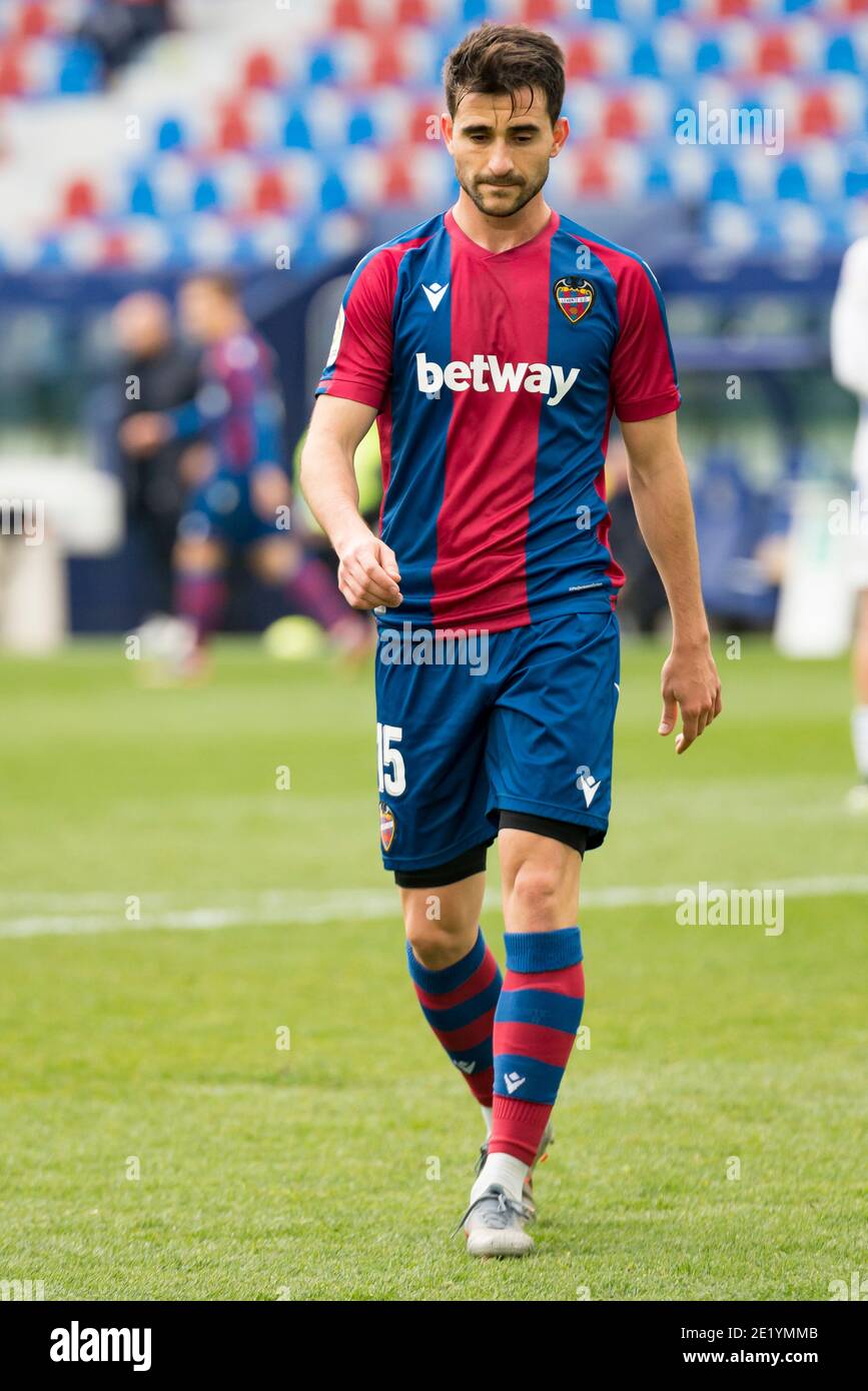 Sergio Postigo of Levante seen in action during the Spanish La Liga football match between Levante and Eibar at Ciutat de Valencia Stadium.(Final score; Levante 2:1 Eibar) Stock Photo