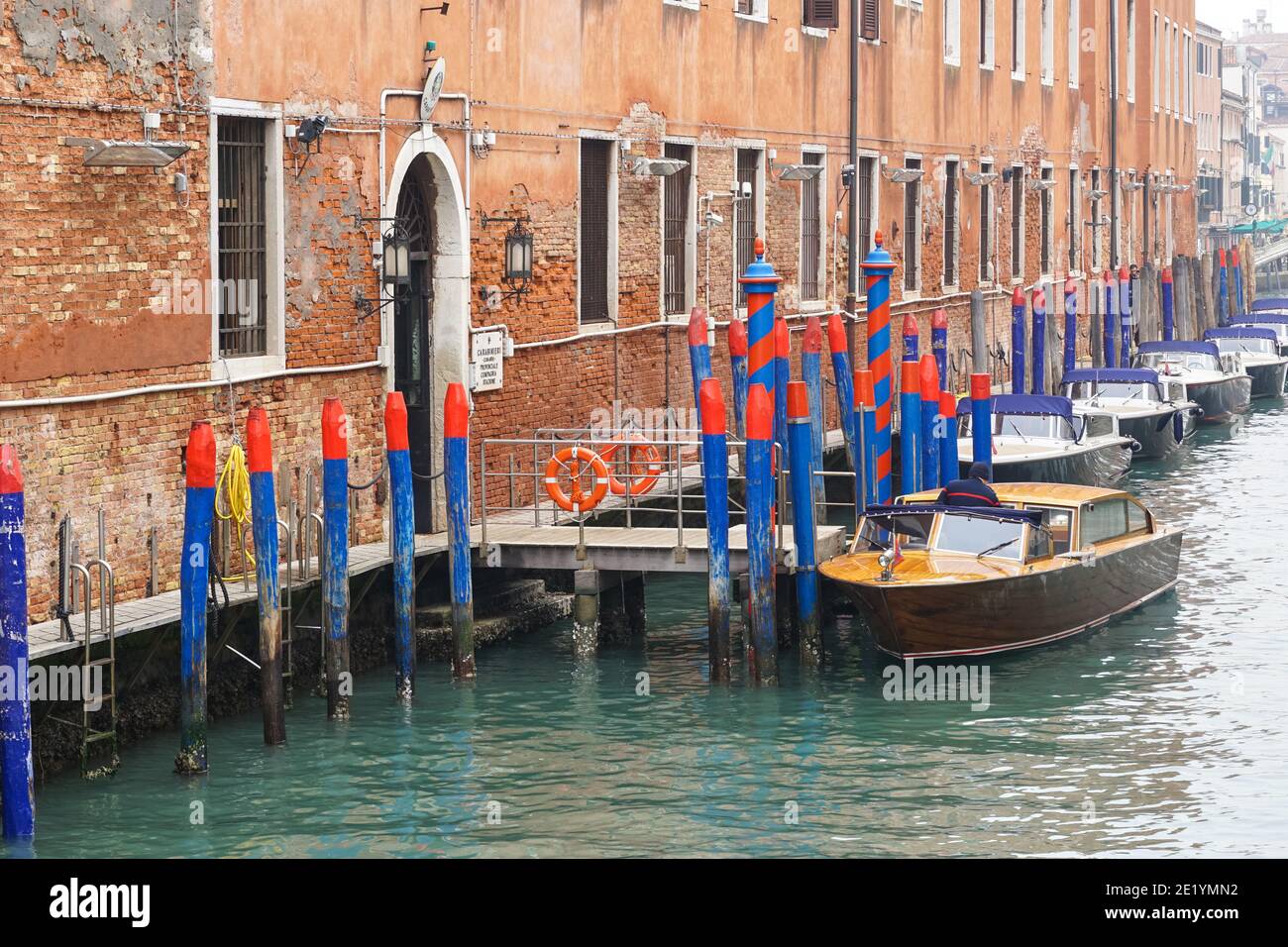Carabinieri boats at police station on Rio dei Greci canal in Venice, Italy Stock Photo