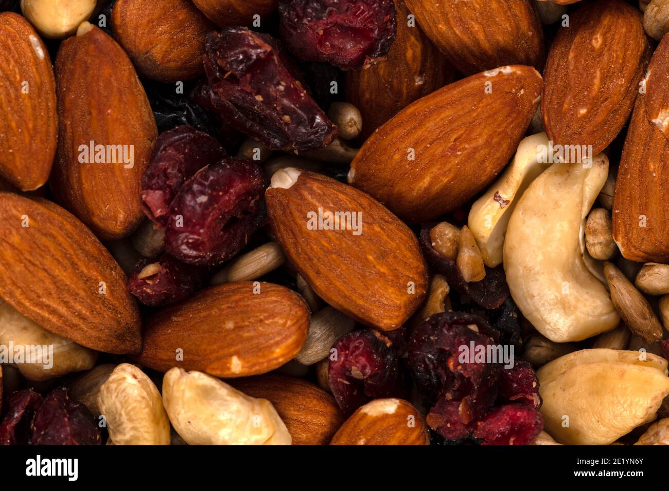 Macro of trail mix with almonds, sunflower seeds, cranberry and raisins