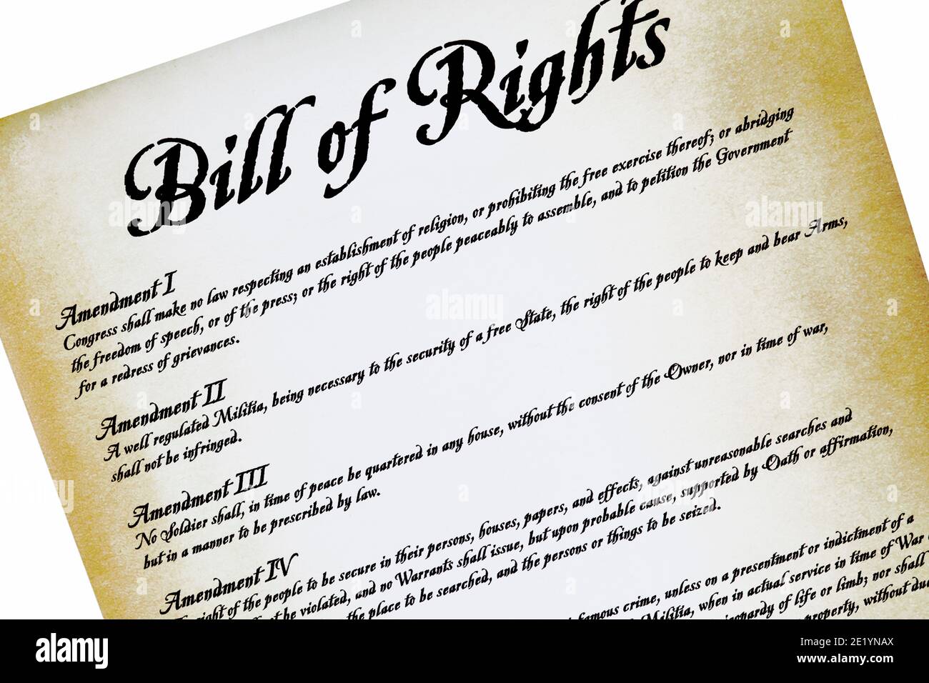 Close up of a copy of the bill of rights amendments one through four